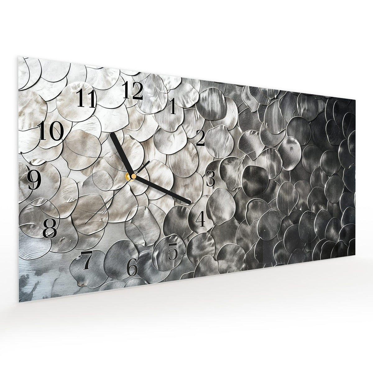 Vormontiert – mit Schwebeeffekt – Wanduhr Metallic Schuppen aus Glas – Querformat 60 × 30 cm