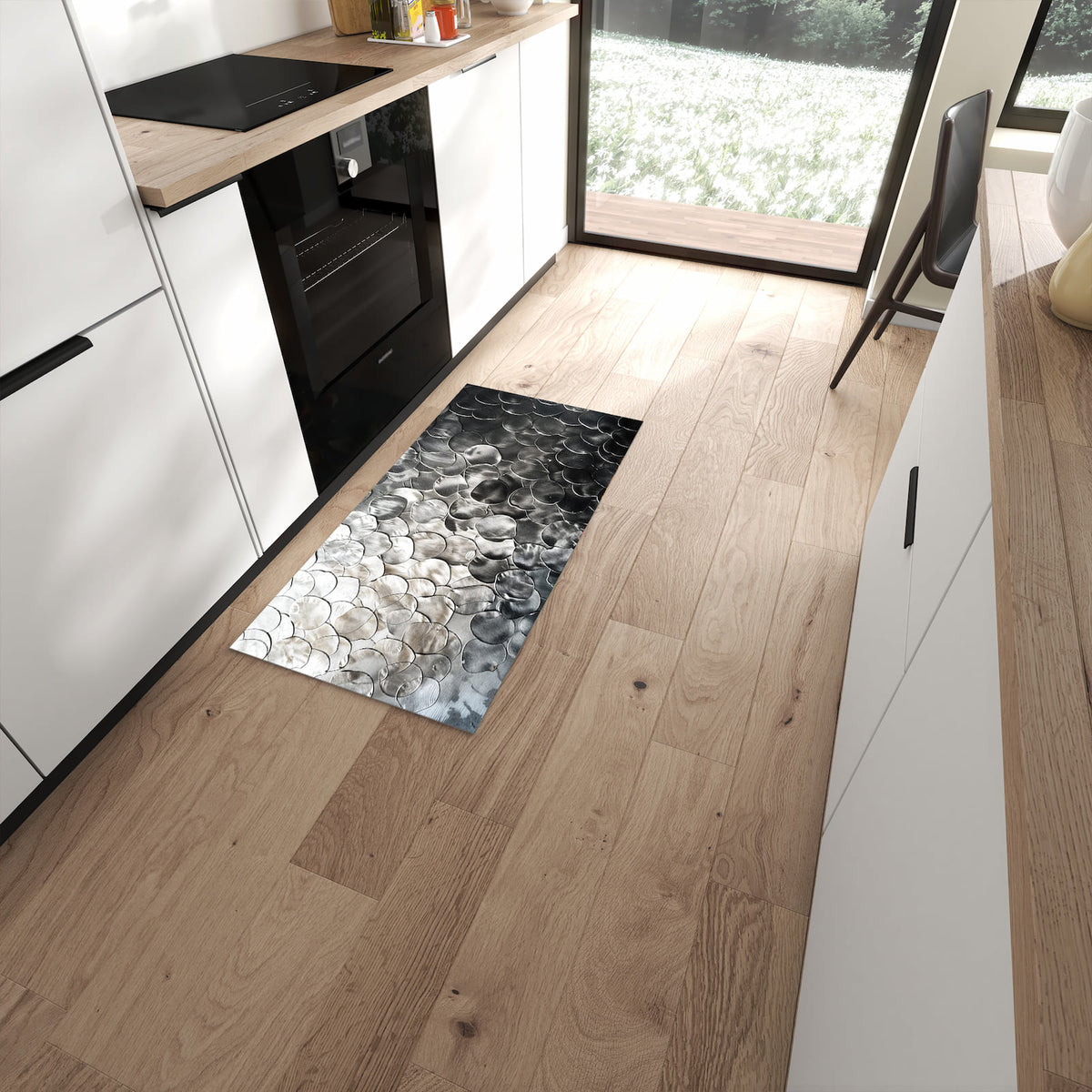 Bodenschonender rutschfester Küchenläufer mit Motiv Metallic Schuppen in moderner Küche #grösse_60 x 120 cm