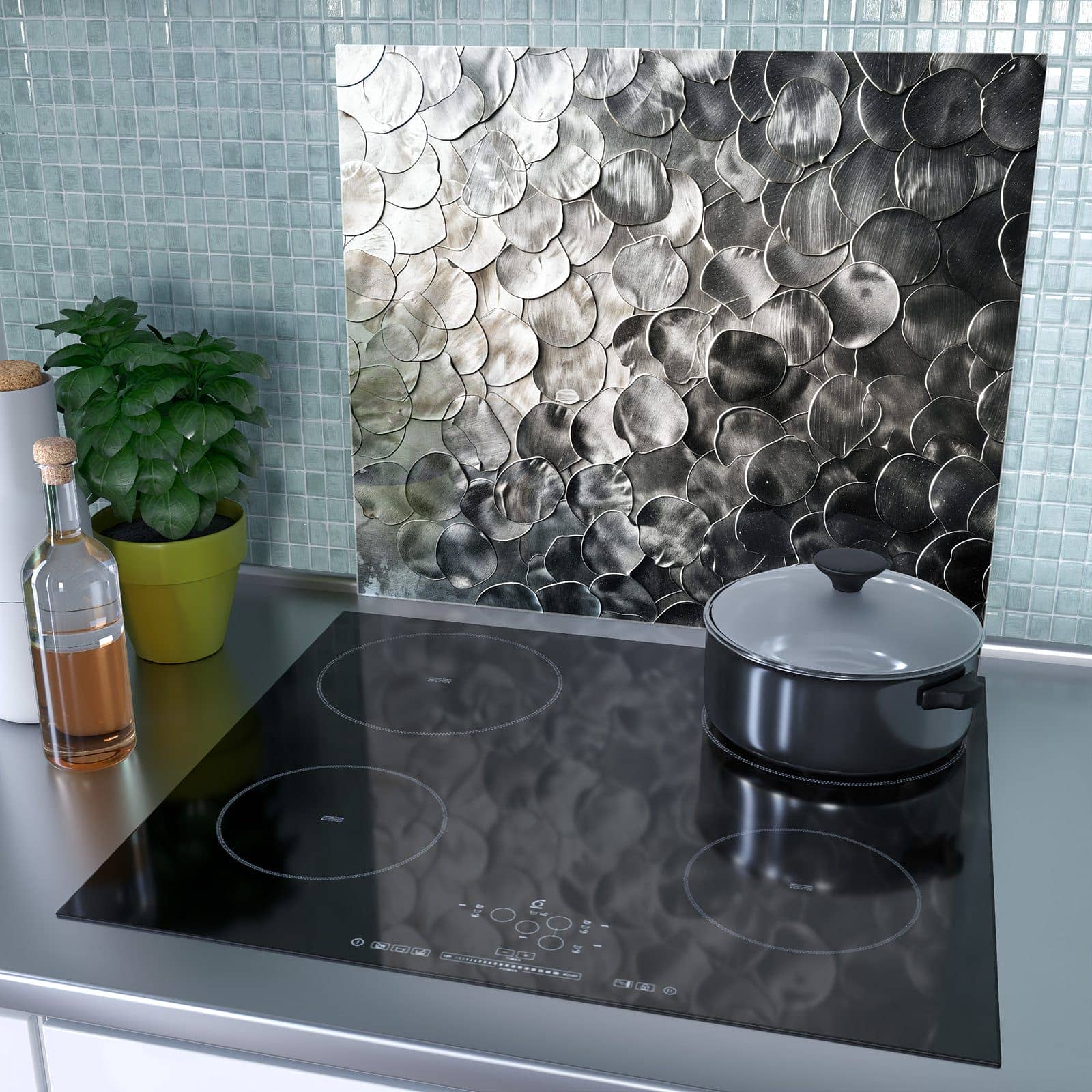 1-teilige Abdeckung für Herdplatten mit Metallic Schuppen-Motiv als Spritzschutz hinter dem Kochfeld