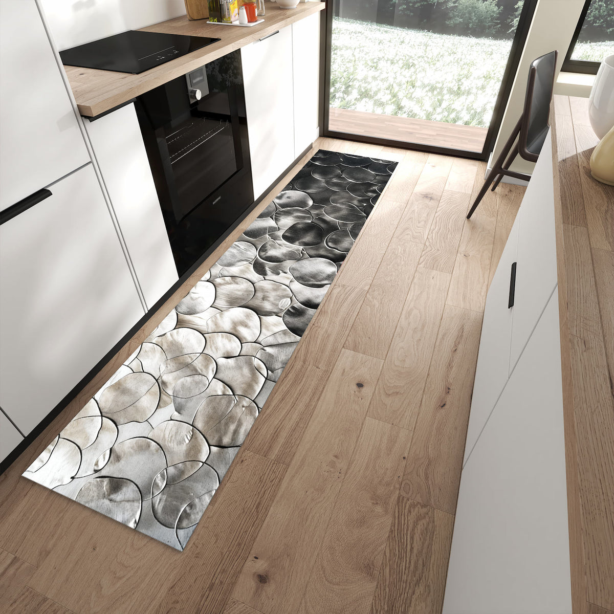 Formstabiler Küchenläufer nach Maß mit Motiv Metallic Schuppen in moderner Küche