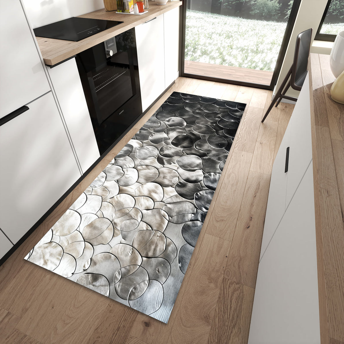 Fleckenresistenter Küchenteppich mit Motiv Metallic Schuppen in moderner Küche