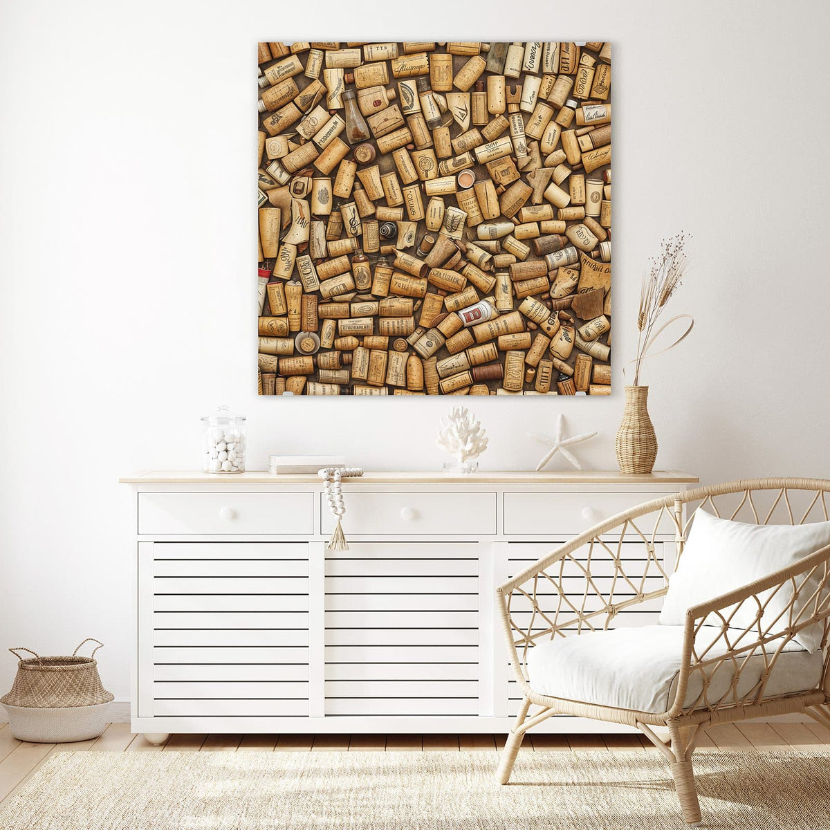 Glasbild Weinkorken von oben an der Wand – Dicht liegende Weinkorken mit Aufdrucken, von oben fotografiert