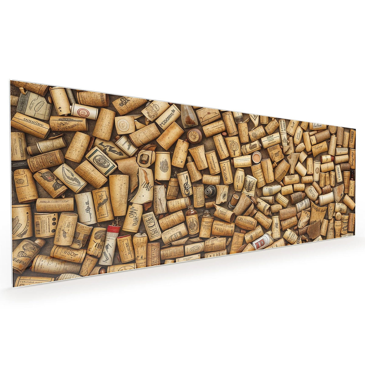 Küchenrückwand aus Glas im Hochformat: Dicht liegende Weinkorken mit Aufdrucken, von oben fotografiert #grösse_40 x 100 cm #grösse_50 x 125 cm #grösse_60 x 150 cm