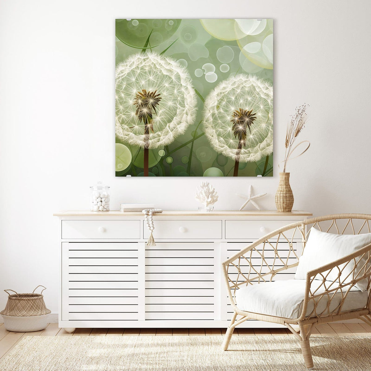 Glasbild Zwei Pusteblumen an der Wand – Zwei große Pusteblumen vor grafisch grünem Bokeh-Hintergrund