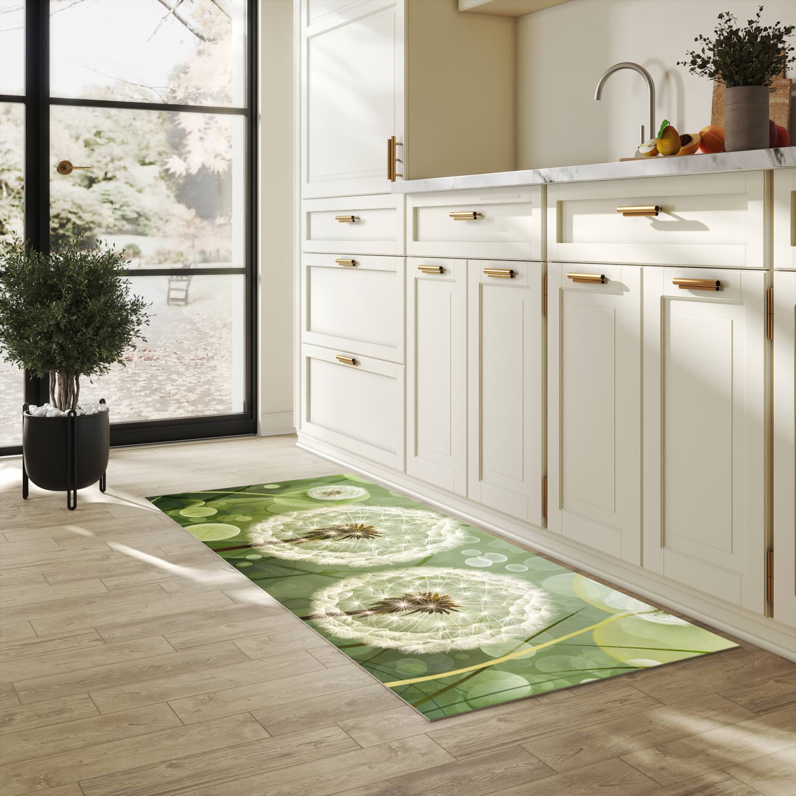 Waschbarer Küchenteppich mit Motiv Löwenzahnzarte Blüten in heller Küche schont den Boden