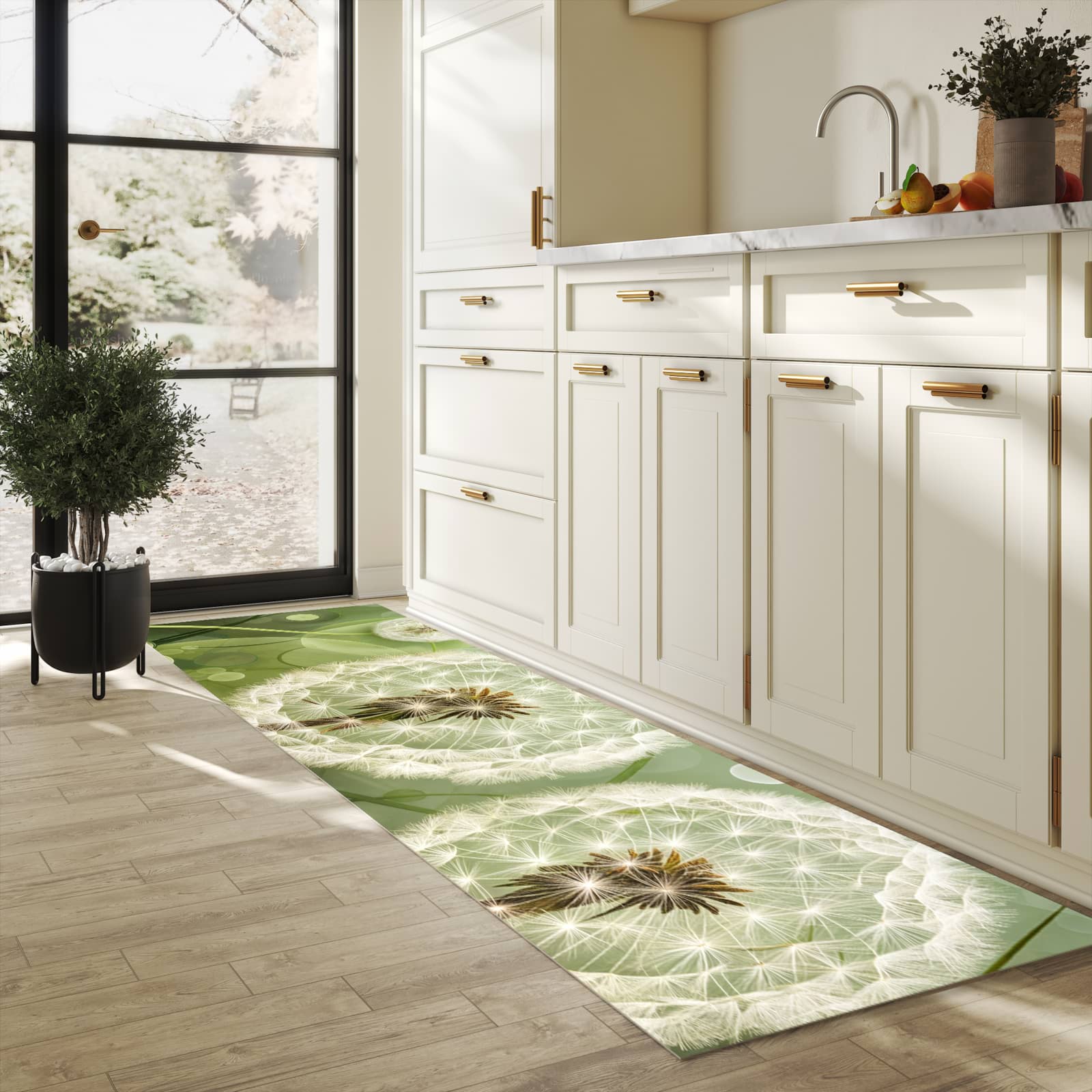 Farbbeständiger rutschfester Küchenteppich mit Motiv Löwenzahnzarte Blüten in heller Küche