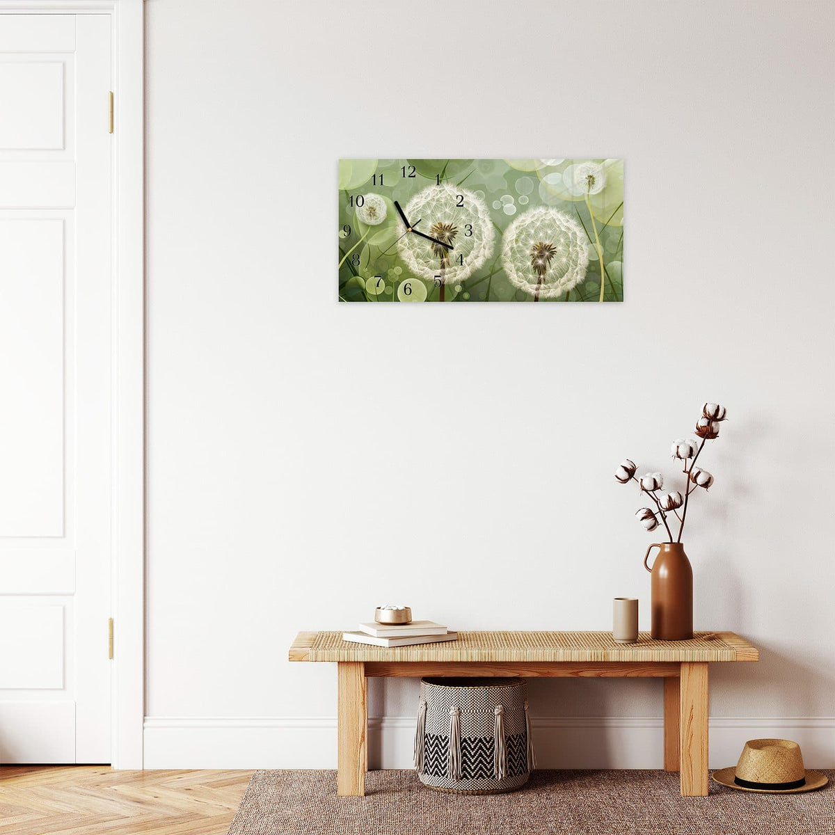 Moderne Wanduhr aus Glas mit Farbtiefe – Wanduhr Zarte Löwenzahnblüten aus Glas – Querformat 60 × 30 cm