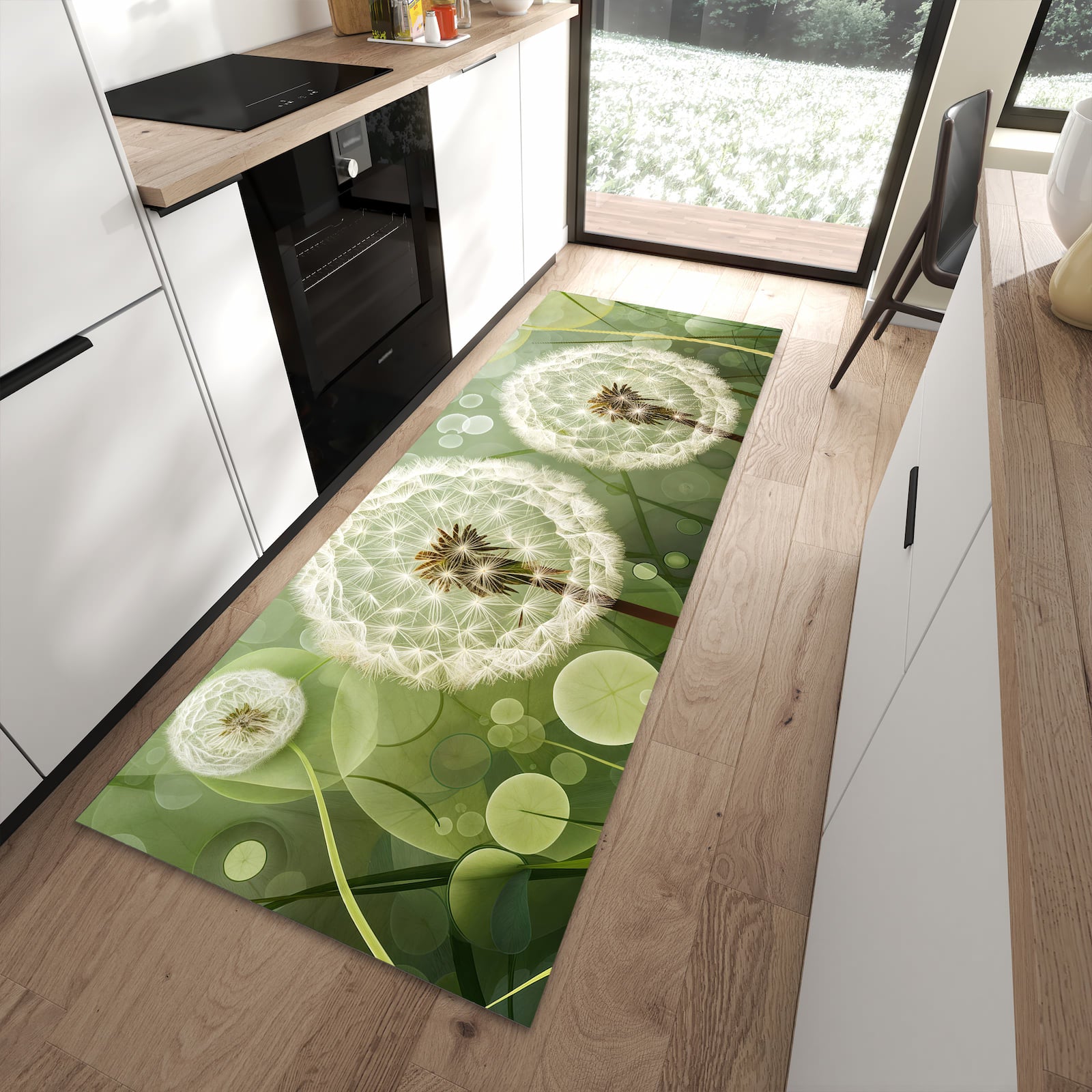 Geruchsneutraler waschbarer Küchenteppich mit Motiv Löwenzahnzarte Blüten in moderner Küche