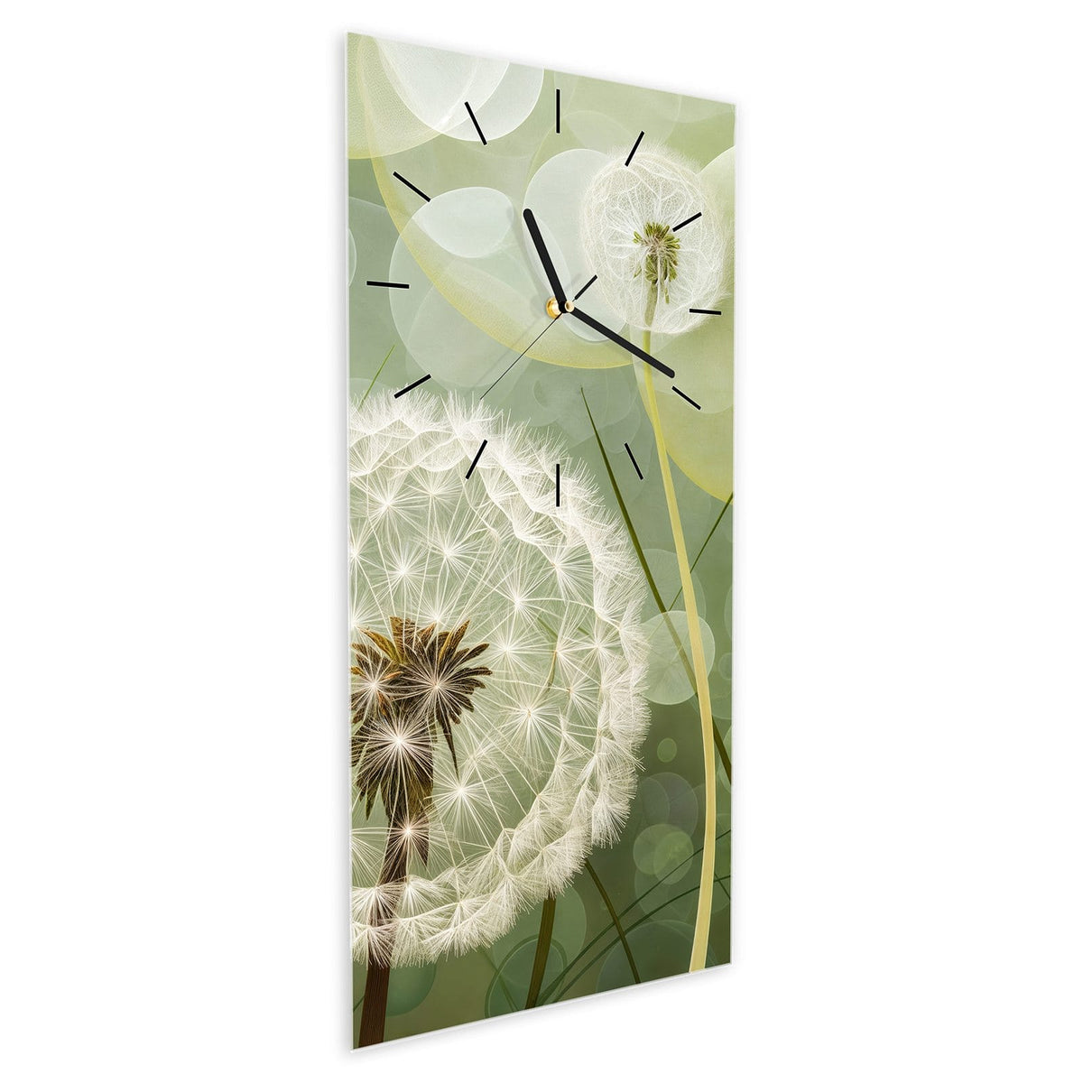 Wanduhr aus Glas im Hochformat Zwei Pusteblumen schräg von der Seite, 4 mm starkes Glas