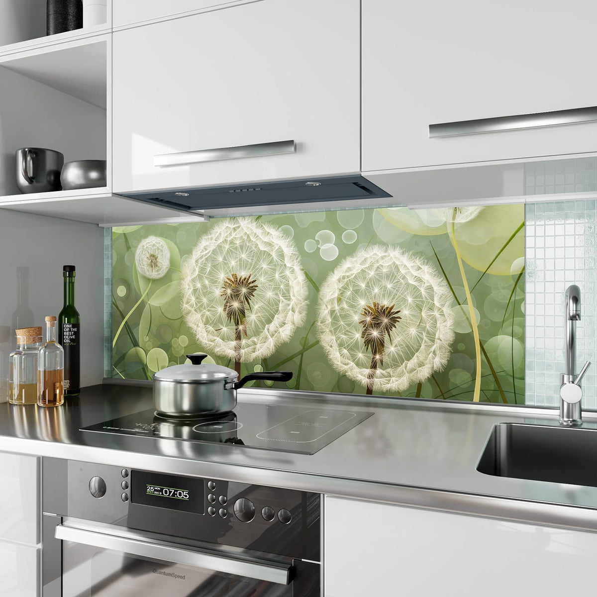 Küchenrückwand aus Glas Zwei Pusteblumen im Hochformat als Spritzschutz hinter dem Kochfeld, über dem Fliesenspiegel montiert