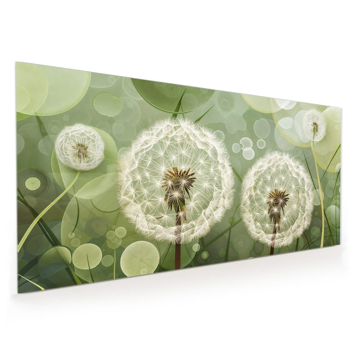 Küchenrückwand aus Glas im Hochformat: Zwei große Pusteblumen vor grafisch grünem Bokeh-Hintergrund