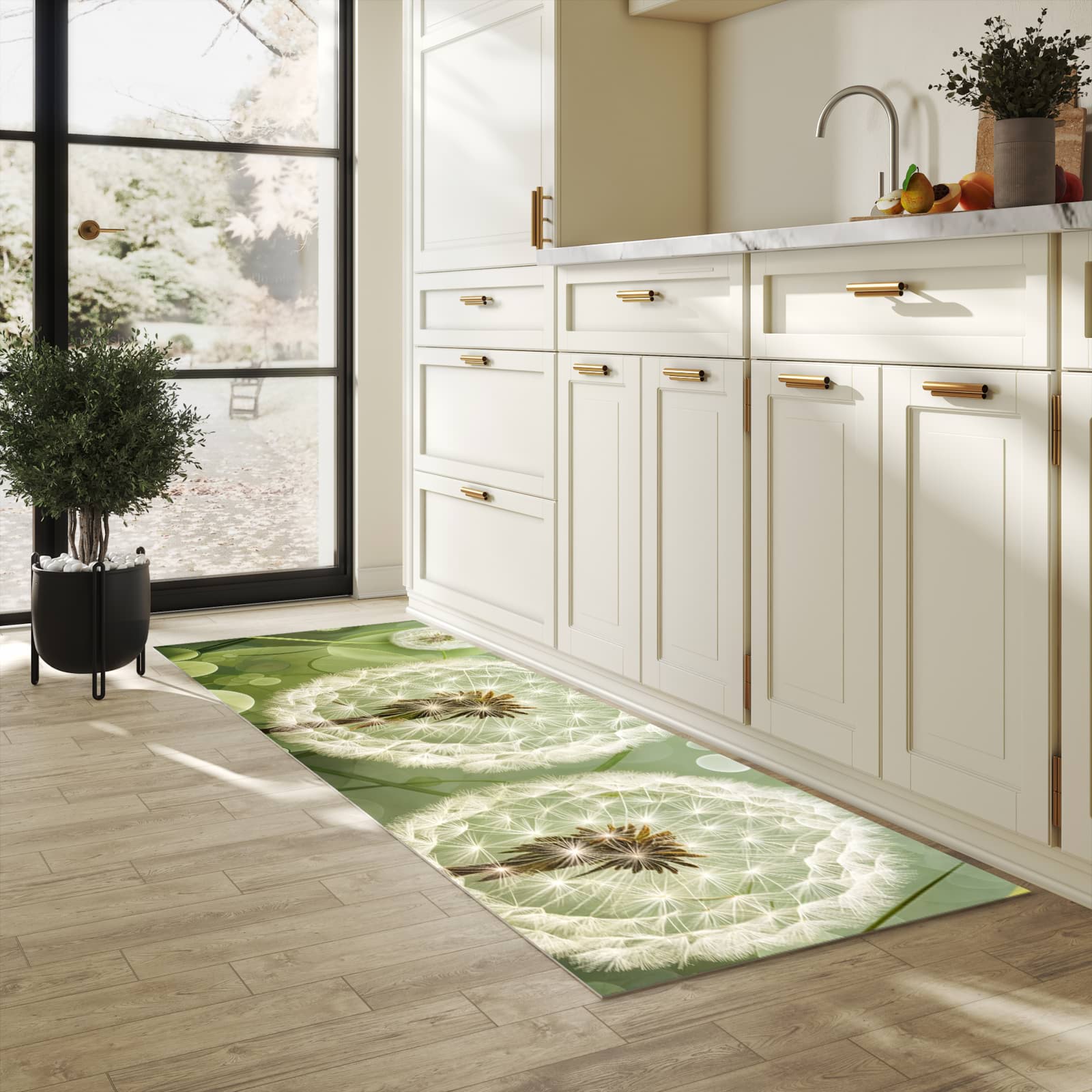 Waschbarer Küchenteppich mit Motiv Löwenzahnzarte Blüten für Ordnung in heller Küche