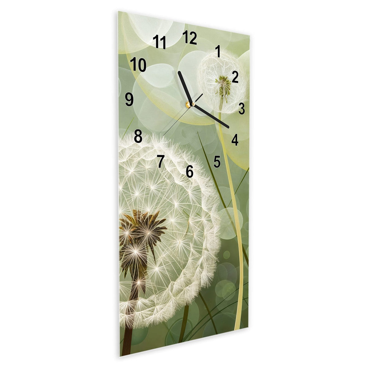 Wanduhr aus Glas im Hochformat Zwei Pusteblumen schräg von der Seite, 4 mm starkes Glas