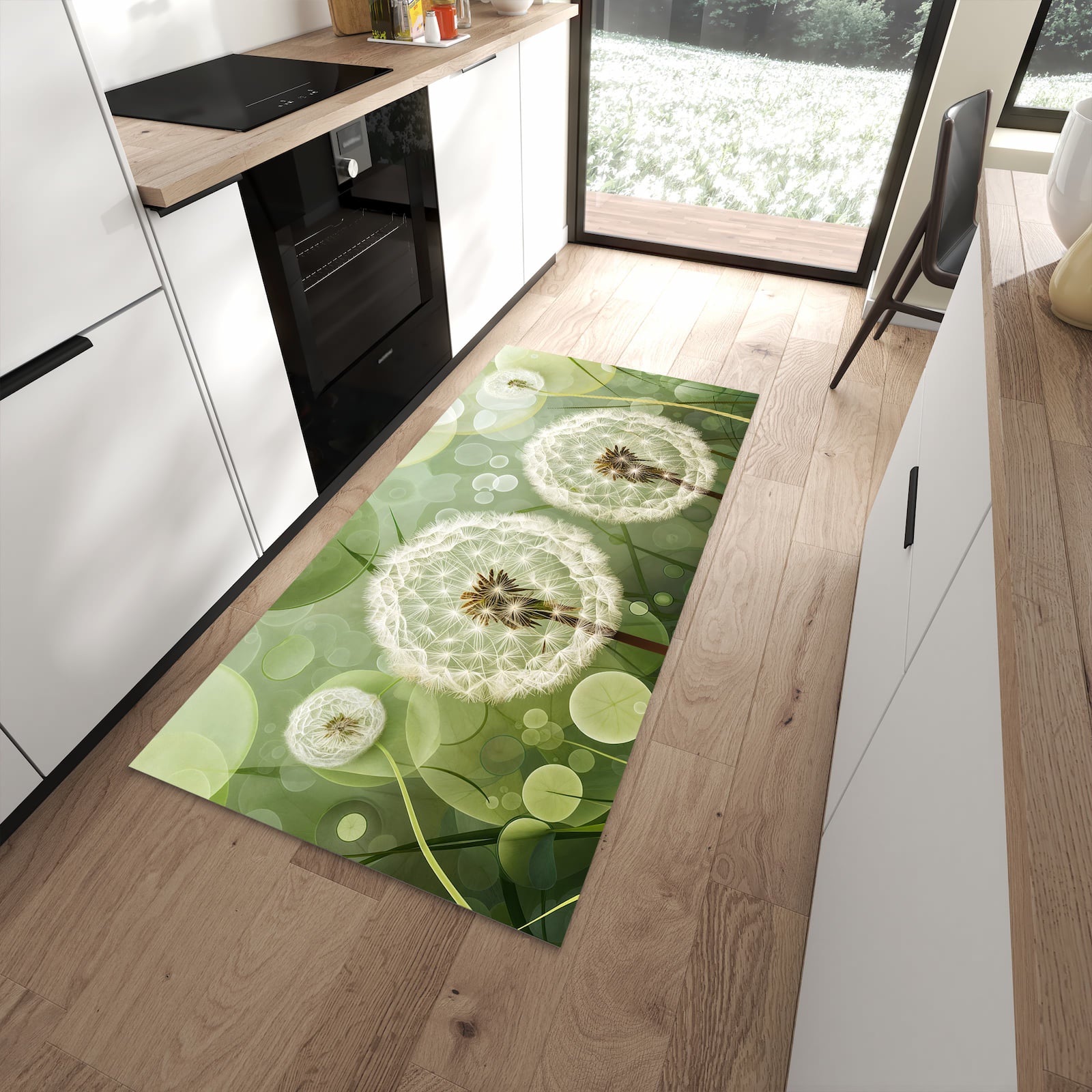 Schmutzabweisender Küchenteppich mit Motiv Löwenzahnzarte Blüten in moderner Küche