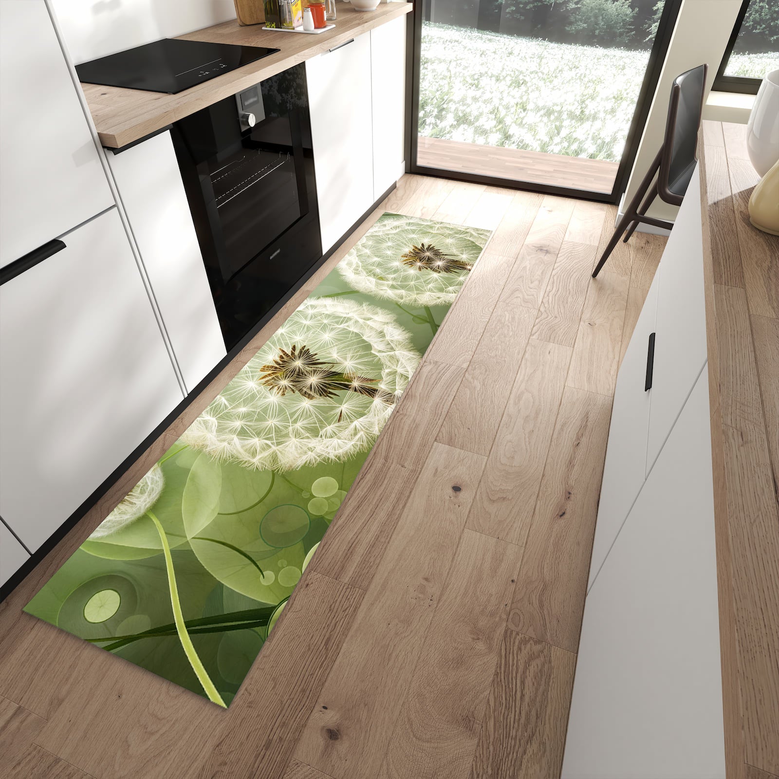 Dünner Küchenteppich mit Motiv Löwenzahnzarte Blüten in moderner Küche für sicheres Aufbewahren