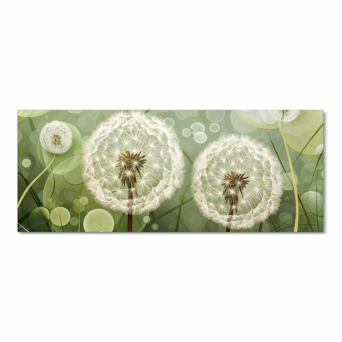 Zwei große Pusteblumen vor grafisch grünem Bokeh-Hintergrund