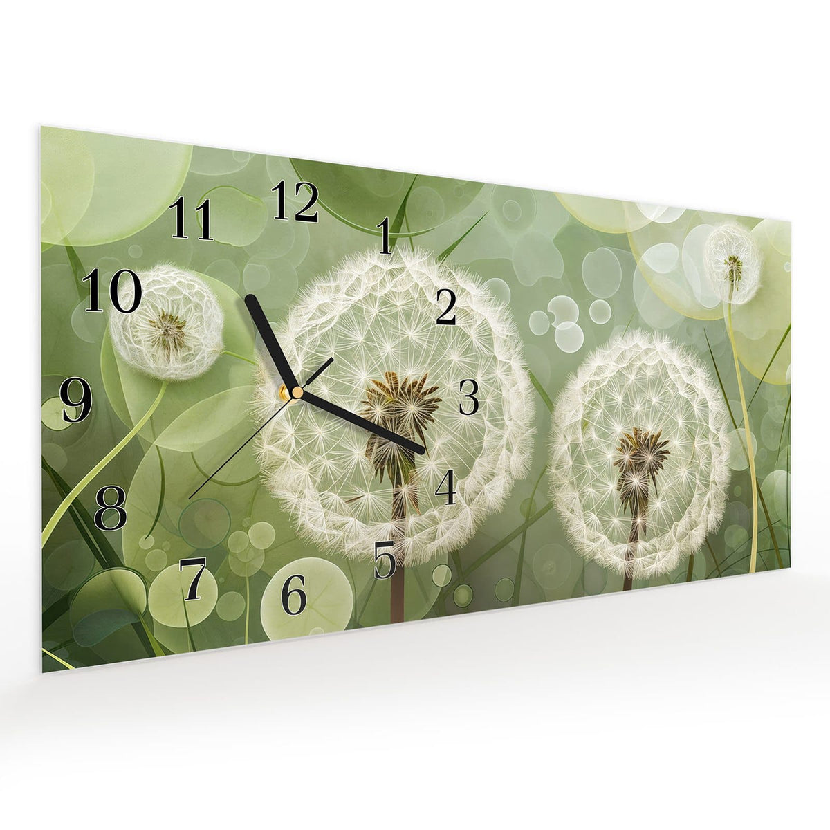Vormontiert – mit Schwebeeffekt – Wanduhr Zarte Löwenzahnblüten aus Glas – Querformat 60 × 30 cm