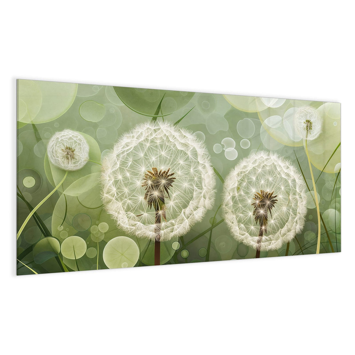 Zwei große Pusteblumen vor grafisch grünem Bokeh-Hintergrund