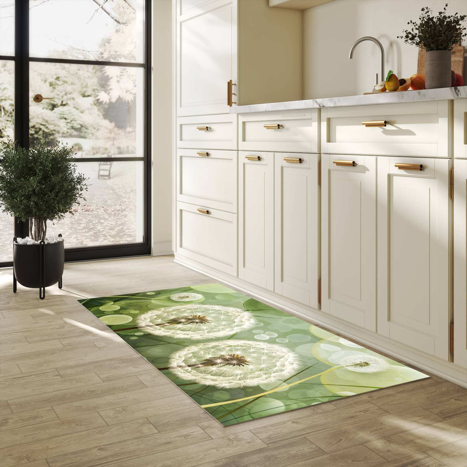 Formstabiler waschbarer Küchenteppich mit Motiv Löwenzahnzarte Blüten in heller Küche