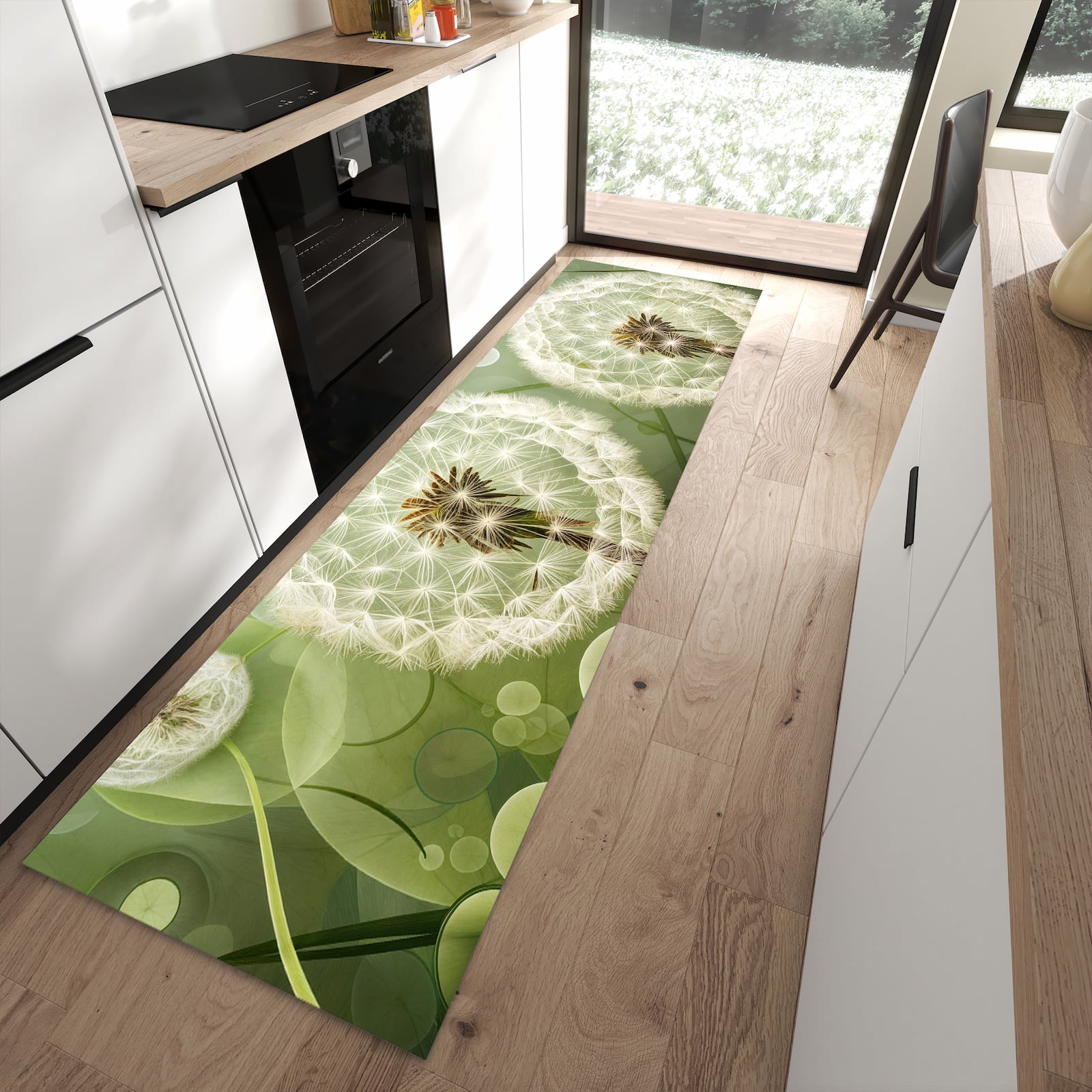 Wasserabweisender Bodenläufer mit Motiv Löwenzahnzarte Blüten in moderner Küche