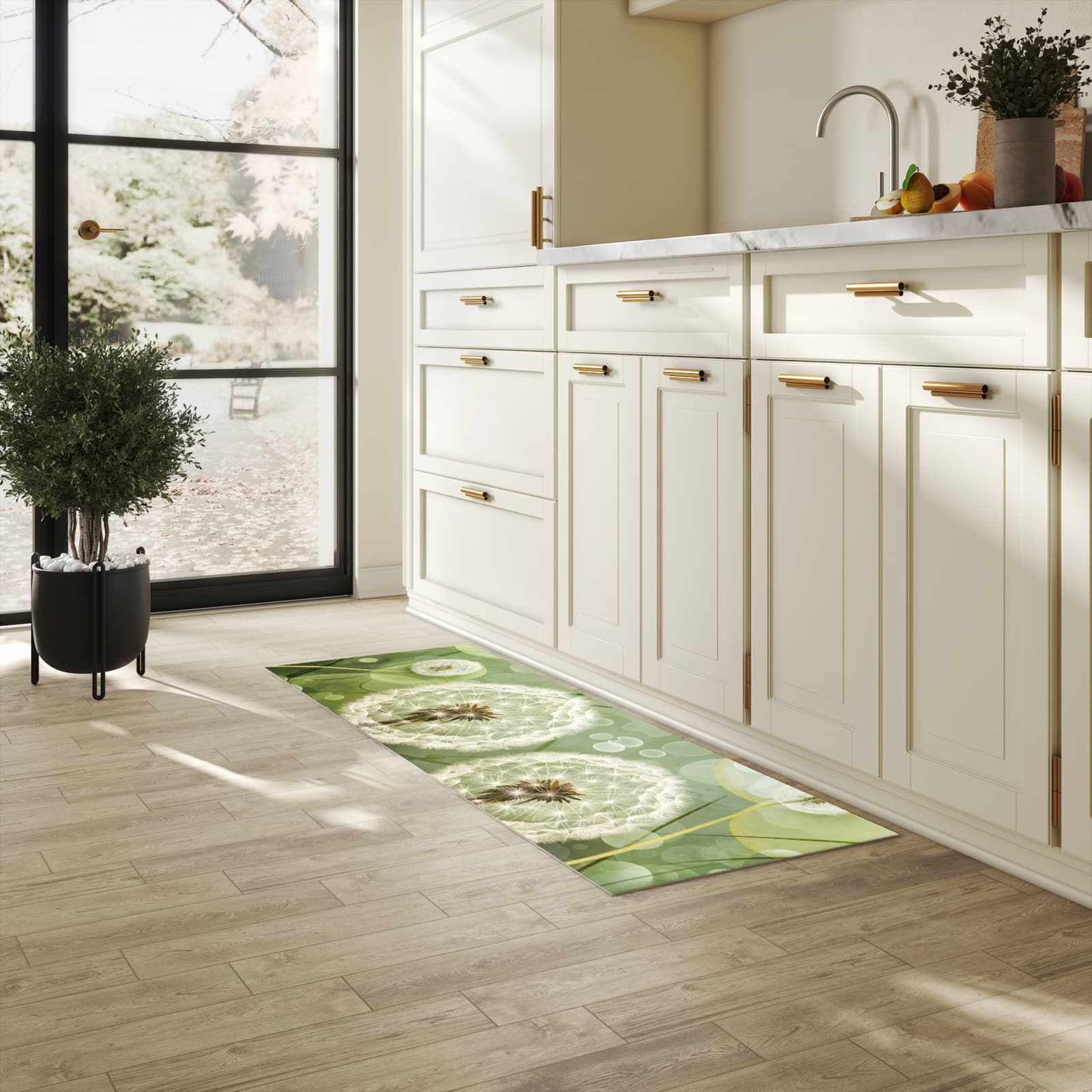 Strapazierfähiger Küchenteppich mit Motiv Löwenzahnzarte Blüten in heller Küche