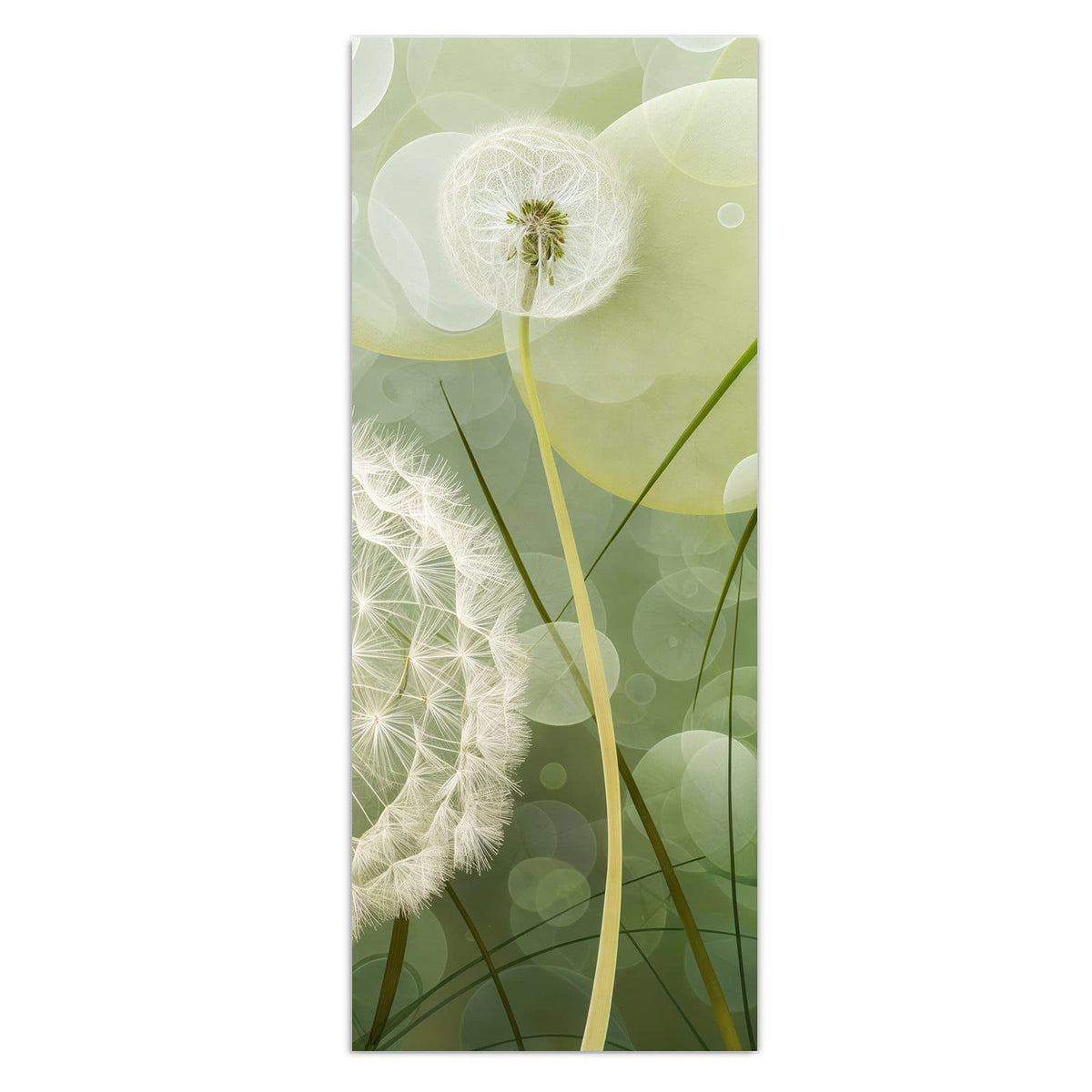 Wandbild - Zwei Pusteblumen - Hochformat – Pusteblumen vor grünem Bokeh