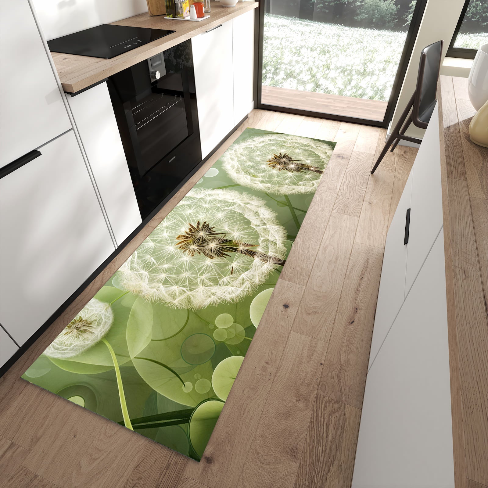 Rutschfester Küchenteppich mit Motiv Löwenzahnzarte Blüten für Trittkomfort in moderner Küche