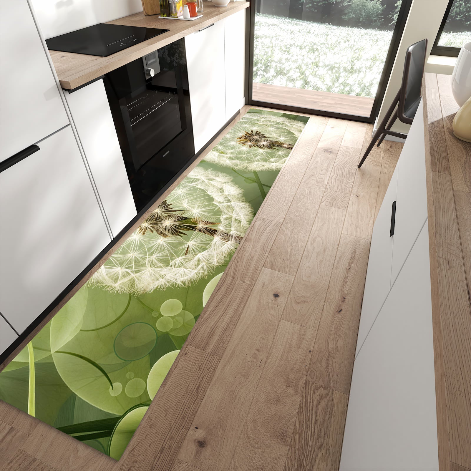 Geräuschdämpfender dünner Küchenteppich mit Motiv Löwenzahnzarte Blüten in moderner Küche