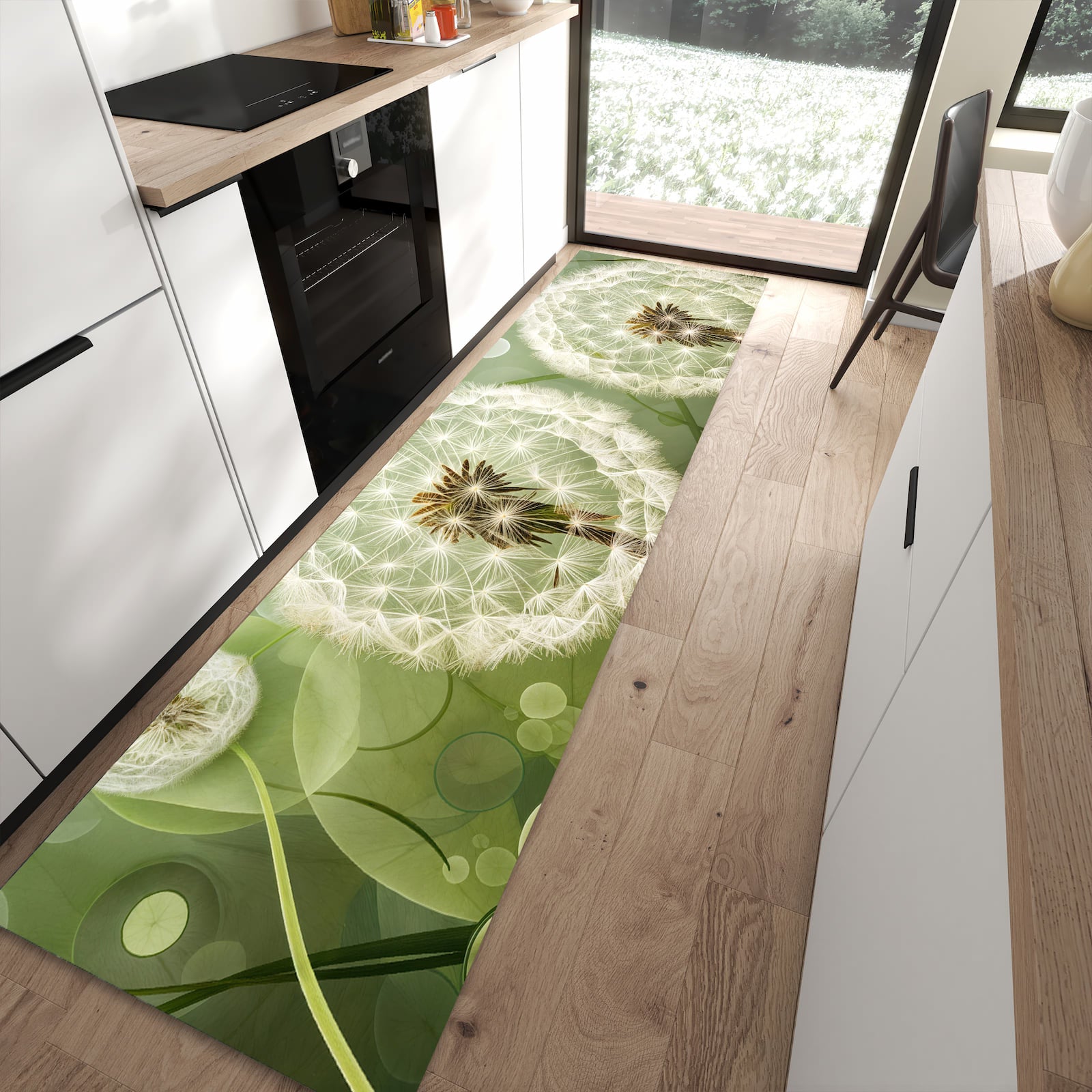 Fleckenresistenter Bodenläufer mit Motiv Löwenzahnzarte Blüten in moderner Küche