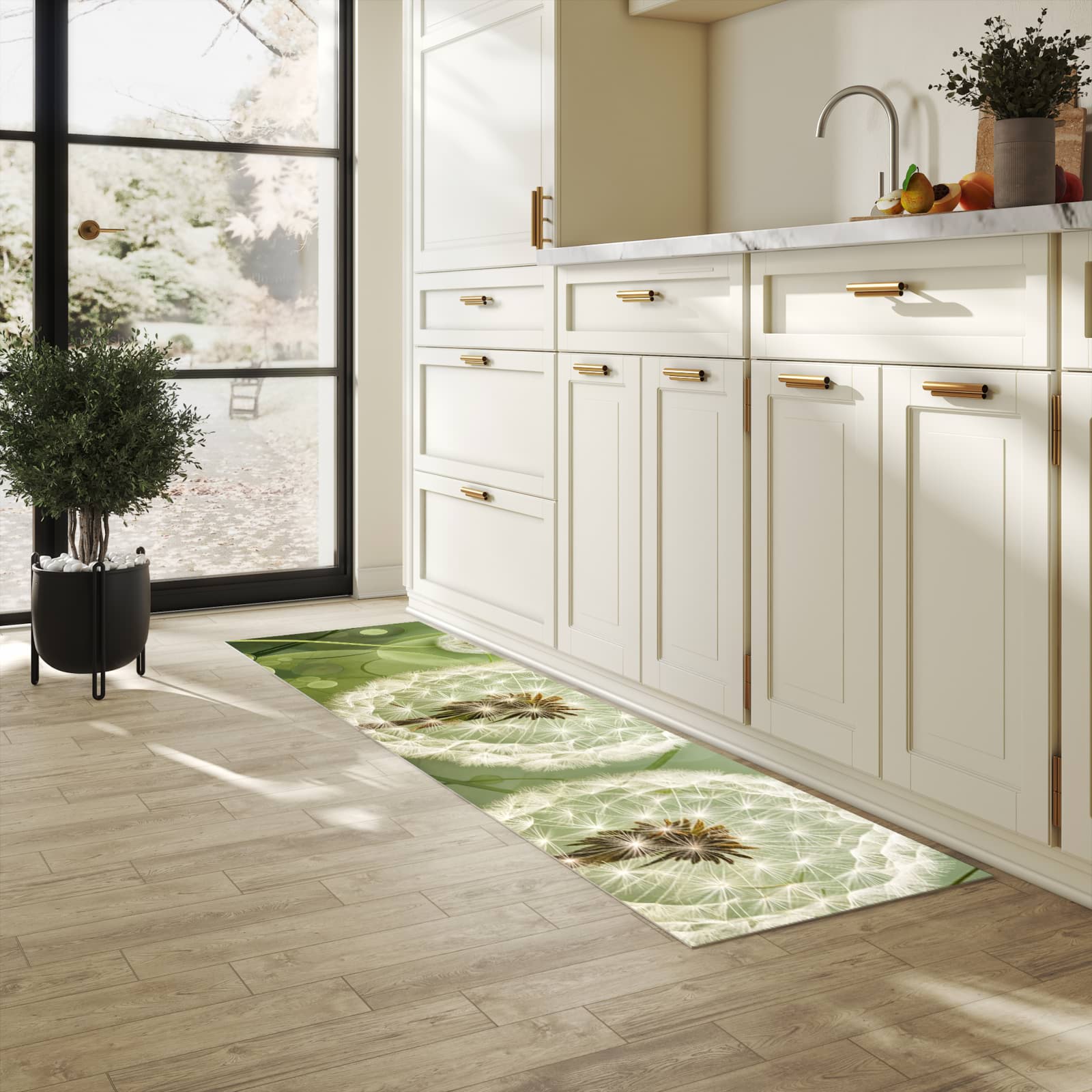 Waschbarer Küchenteppich mit Motiv Löwenzahnzarte Blüten in heller Küche