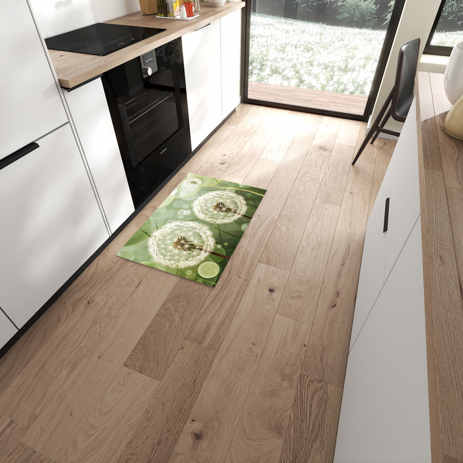 Abriebfester waschbarer Teppich fürs Esszimmer mit Motiv Löwenzahnzarte Blüten in moderner Küche