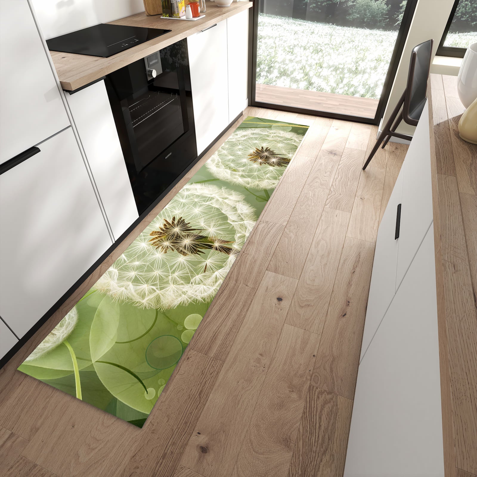 Rutschfester dünner Teppich mit Motiv Löwenzahnzarte Blüten spart Zeit in moderner Küche