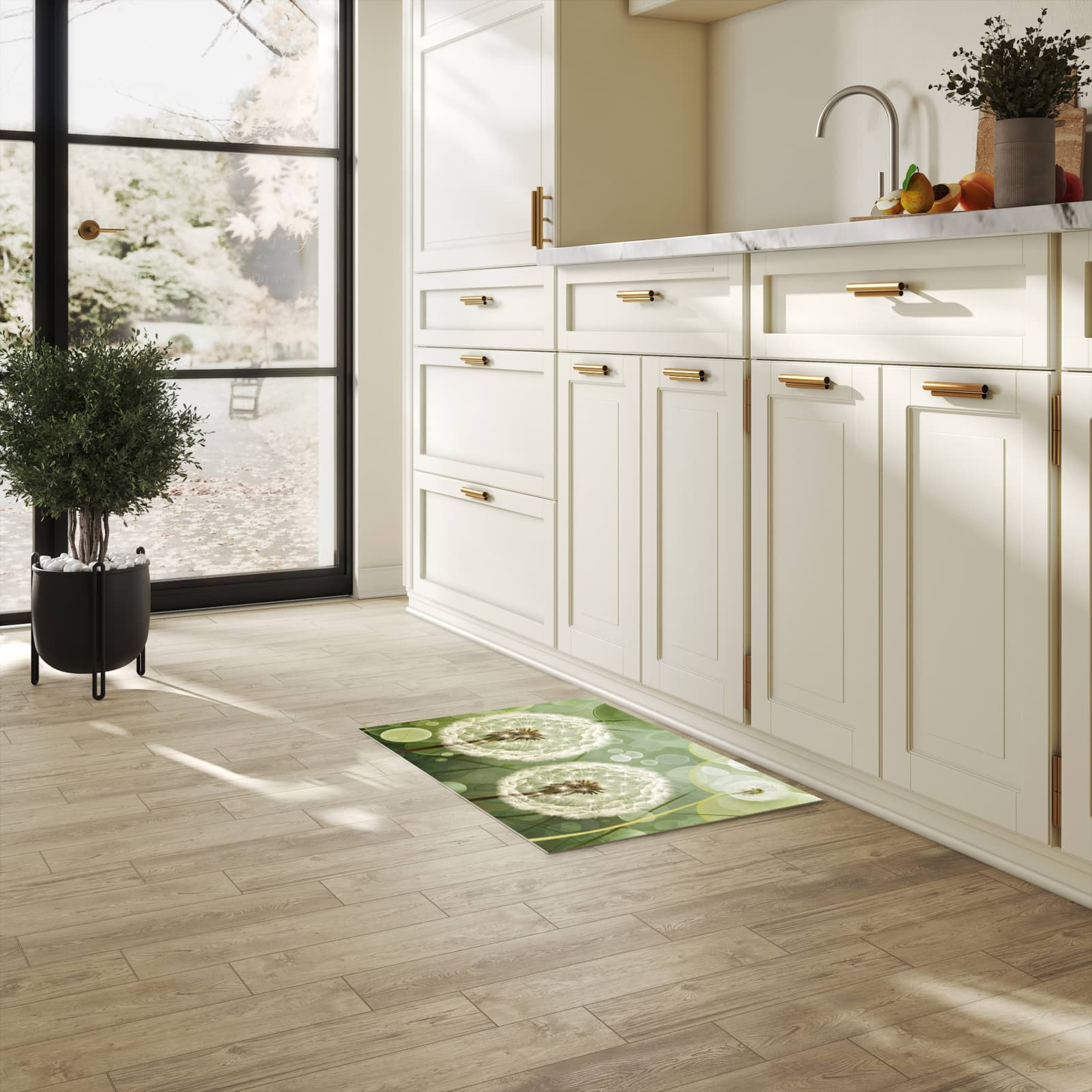 Feuchtigkeitsresistenter Küchenteppich mit Motiv Löwenzahnzarte Blüten in heller Küche