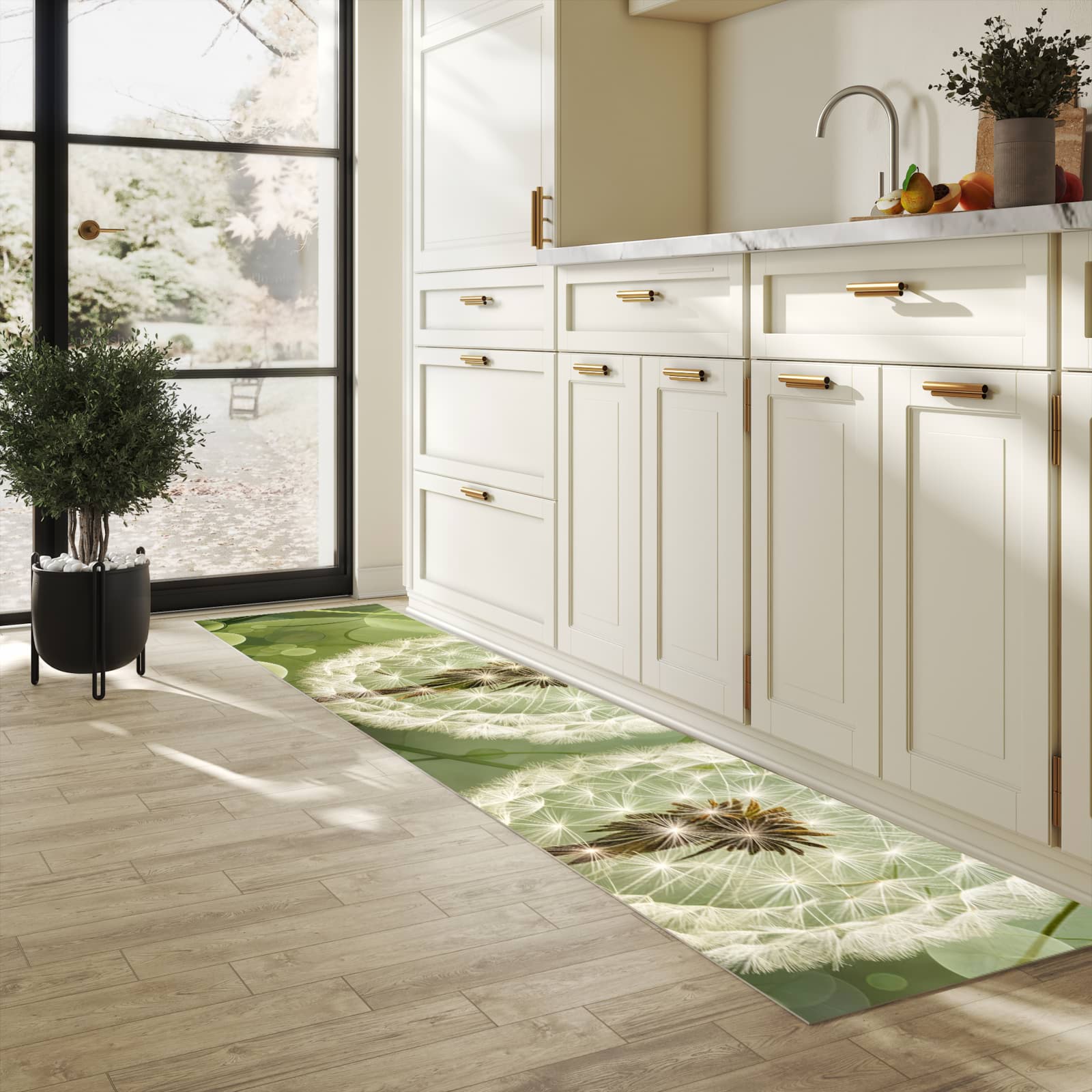 Rutschfester Küchenteppich mit Motiv Löwenzahnzarte Blüten in heller Küche