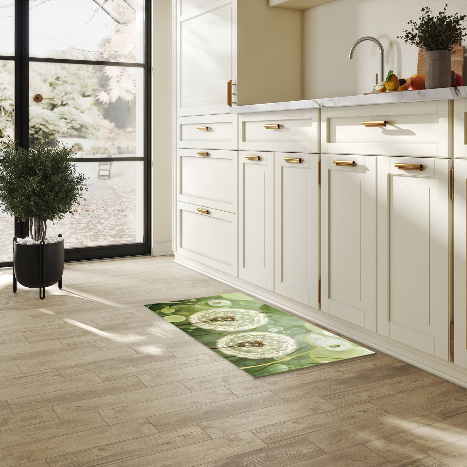 Bodenläufer mit Motiv Löwenzahnzarte Blüten für angenehme Haptik in heller Küche
