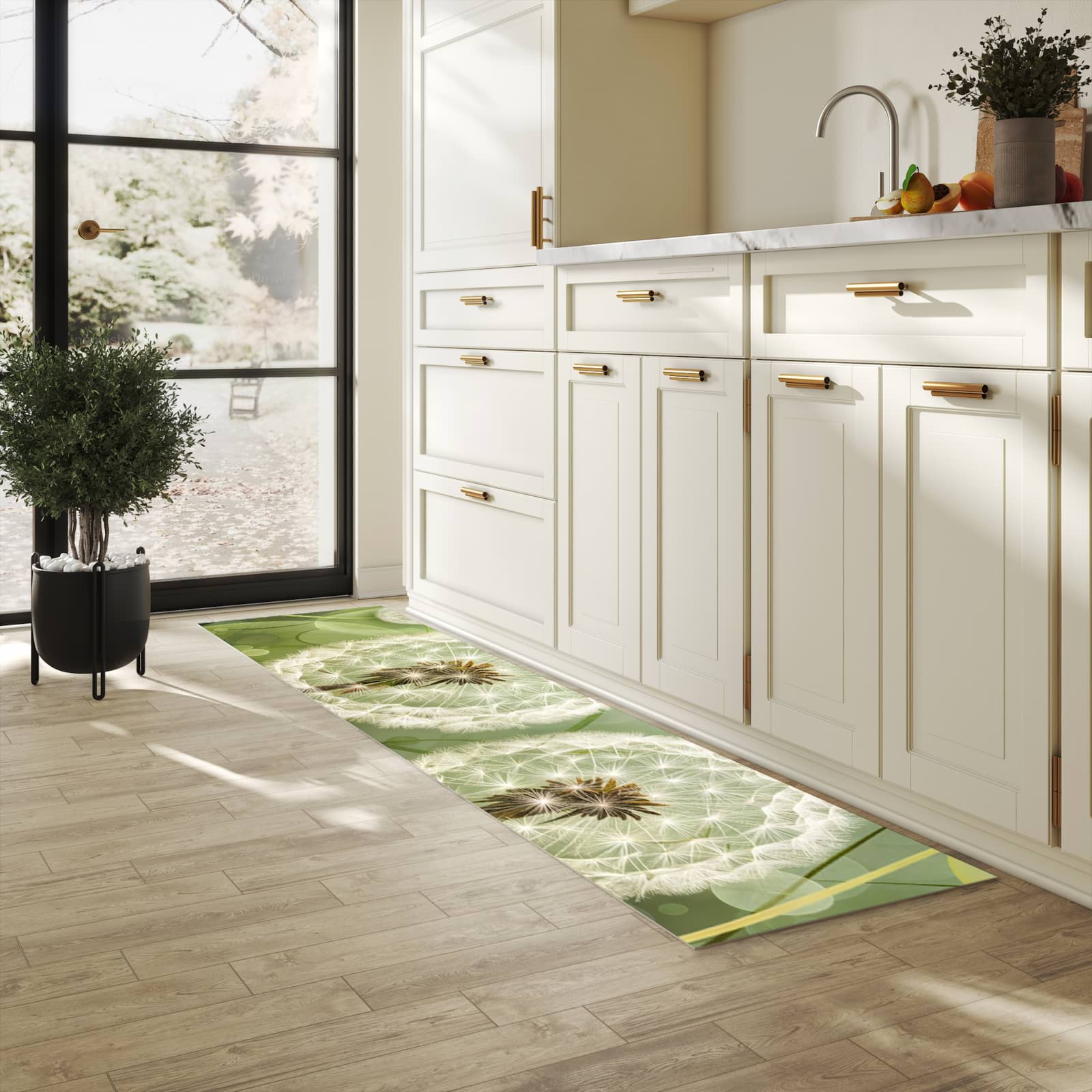 Langlebiger Küchenläufer mit Motiv Löwenzahnzarte Blüten in heller Küche