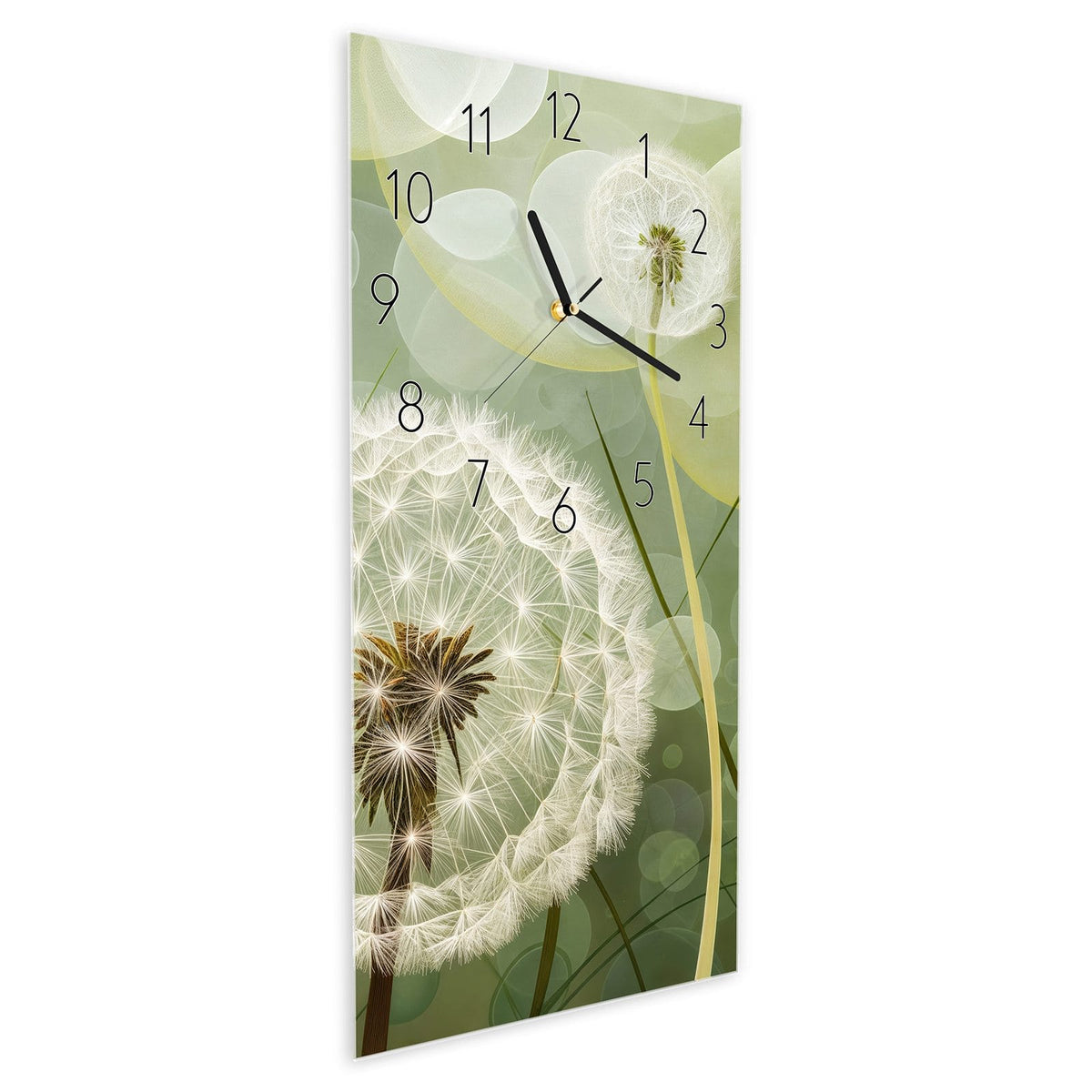 Wanduhr aus Glas im Hochformat Zwei Pusteblumen schräg von der Seite, 4 mm starkes Glas