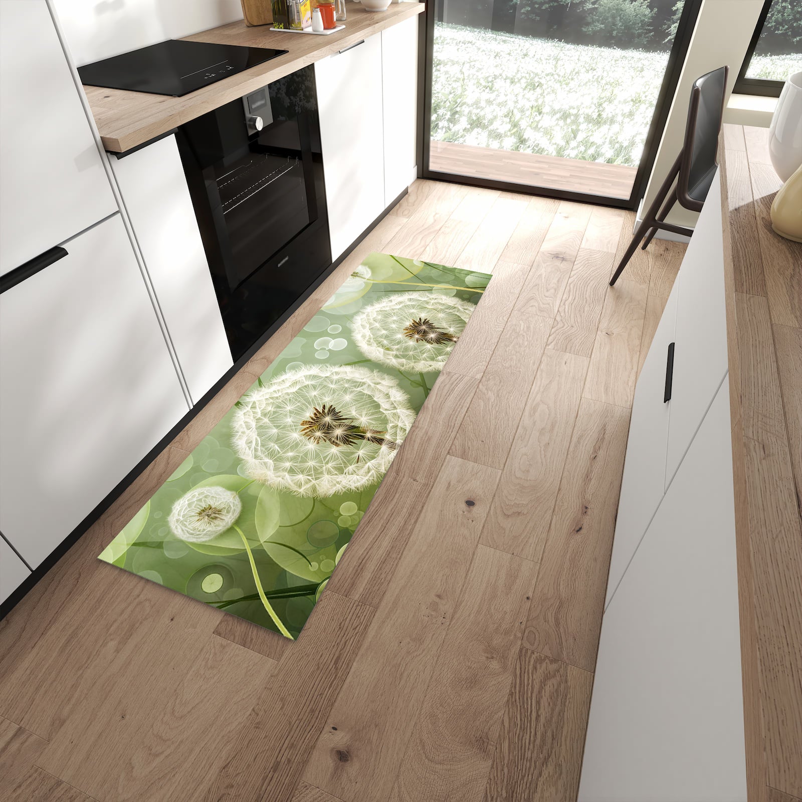 Formstabiler Läufer mit Motiv Löwenzahnzarte Blüten in moderner Küche für rutschfesten Stand