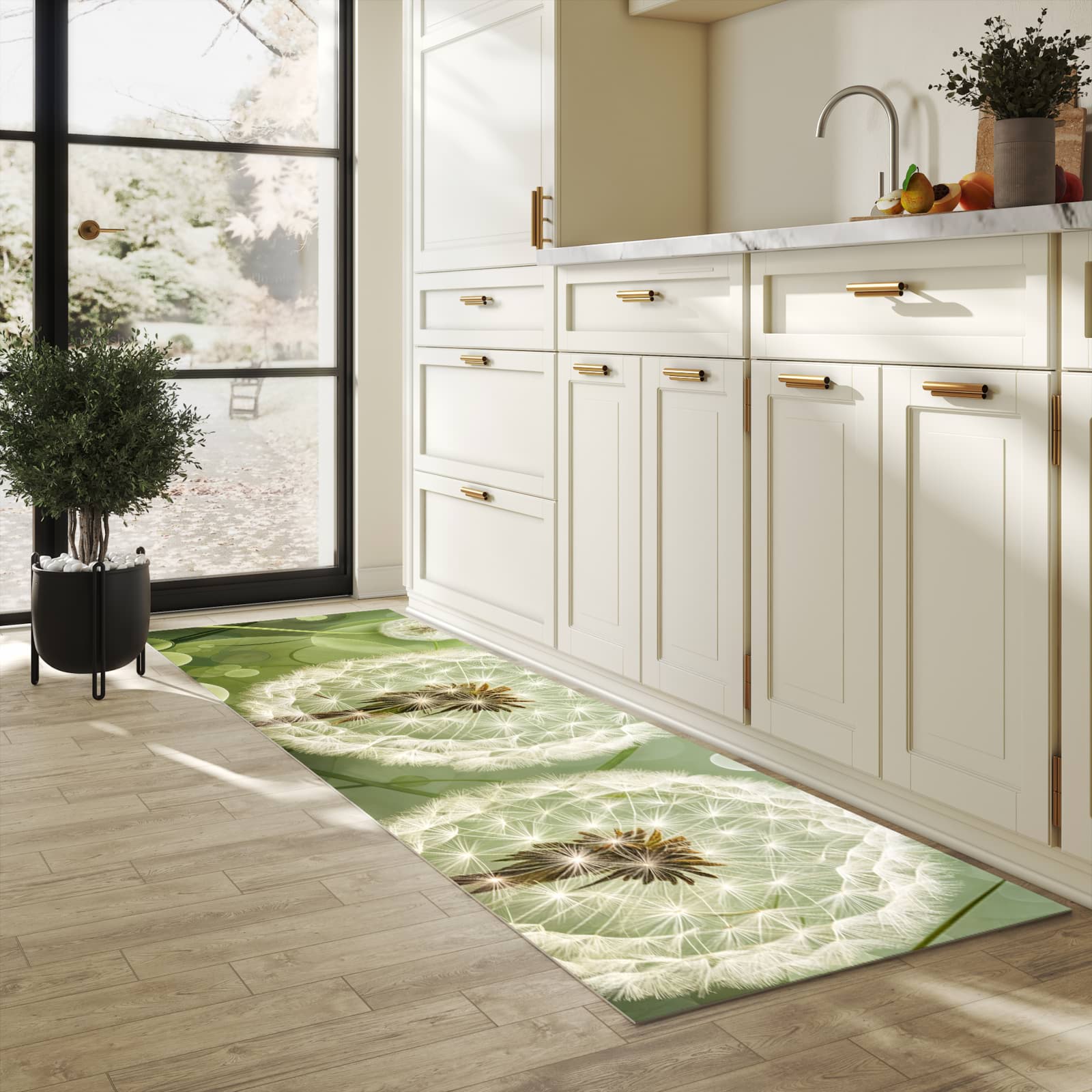Bodenschonender großer Küchenteppich mit Motiv Löwenzahnzarte Blüten in heller Küche