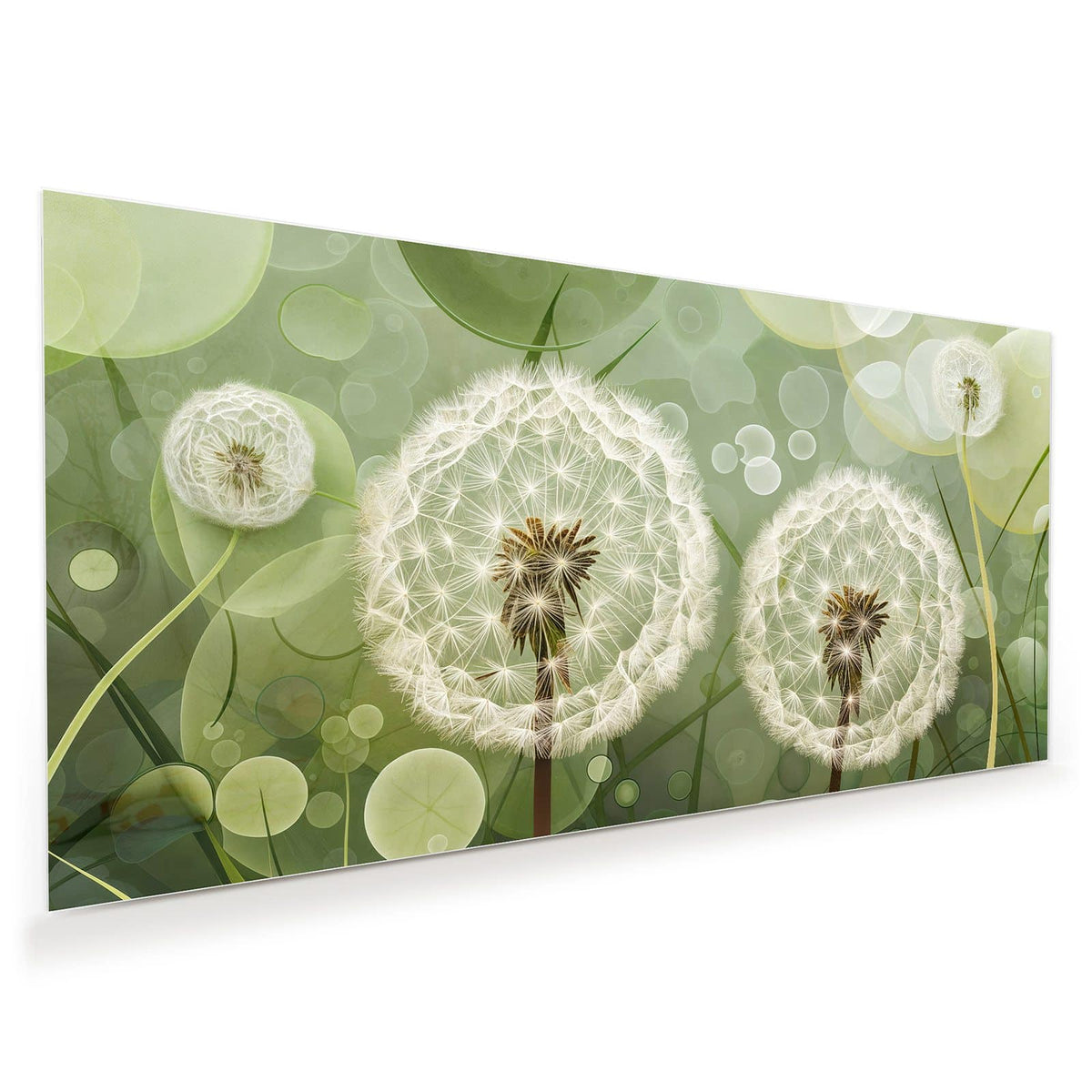 Zwei große Pusteblumen vor grafisch grünem Bokeh-Hintergrund