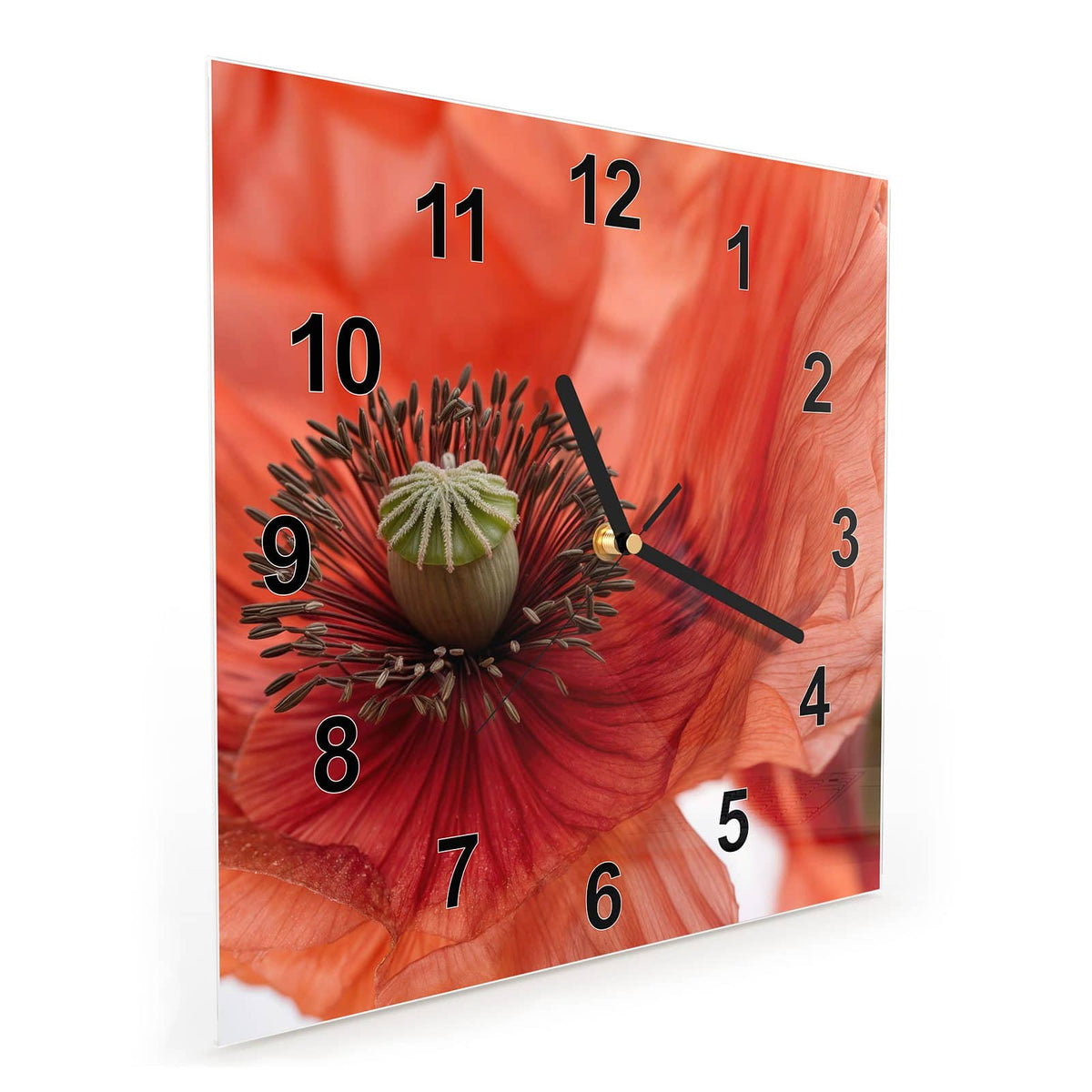 Vormontiert – mit Schwebeeffekt – Wanduhr Mohnblüten aus Glas – Quadratisch 30 × 30 cm