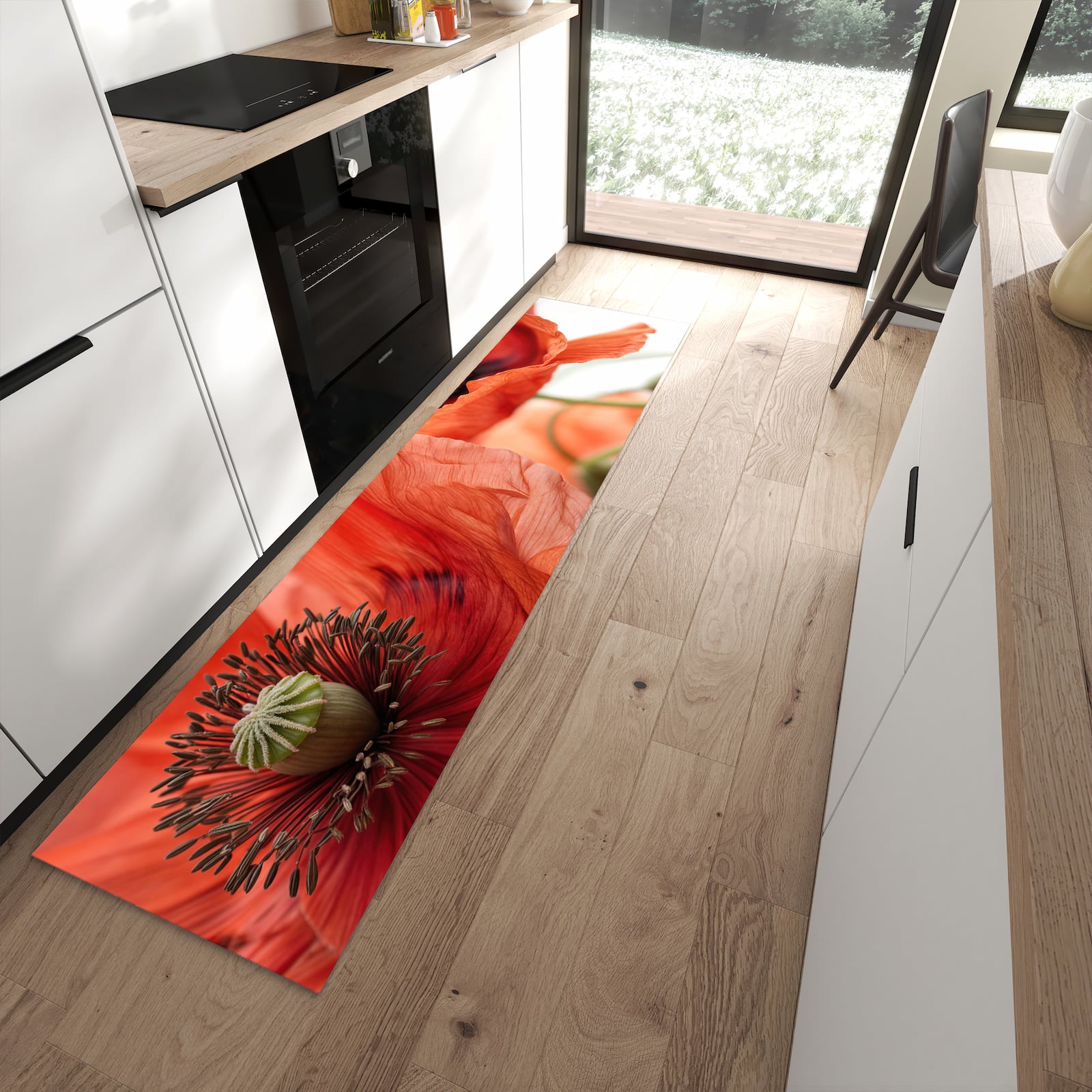 Pflegeleichter Küchenläufer mit Motiv Mohnblüten in moderner Küche