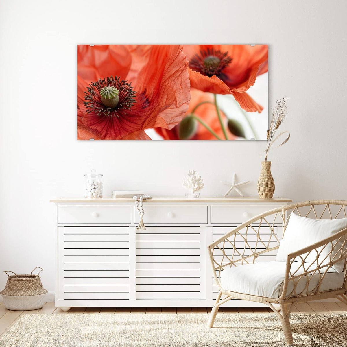 Echtglas, 4 mm – kein Acryl, keine Folie – Wandbild - Mohnblüten - Querformat