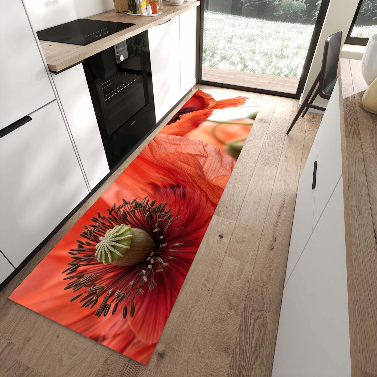 Rutschfester Küchenläufer mit Motiv Mohnblüten in moderner Küche
