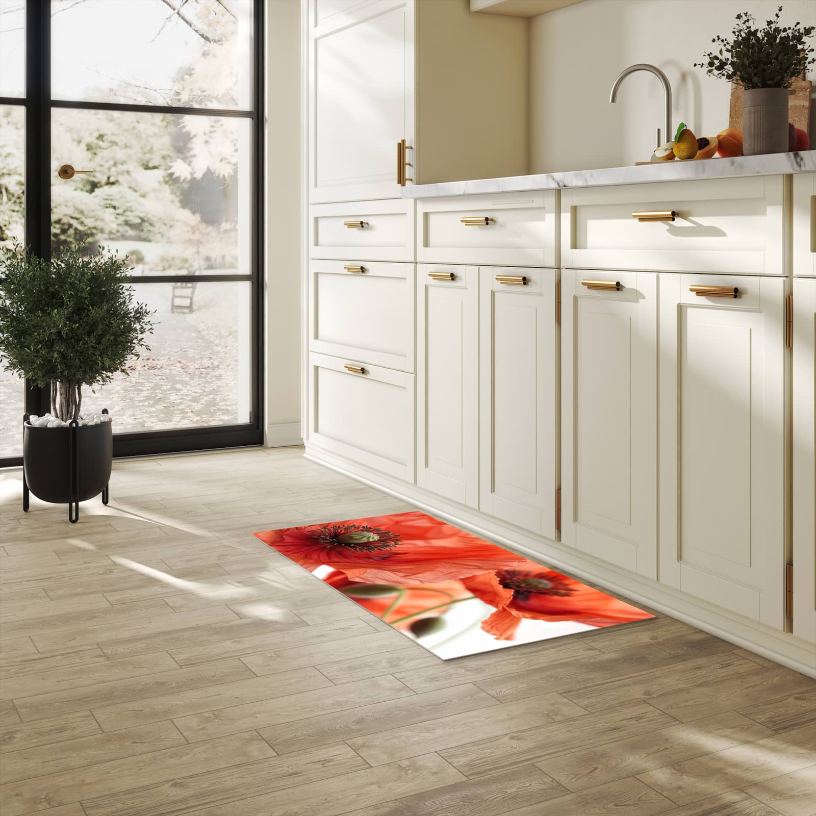 Abriebfester Küchenläufer mit Motiv Mohnblüten in heller Küche