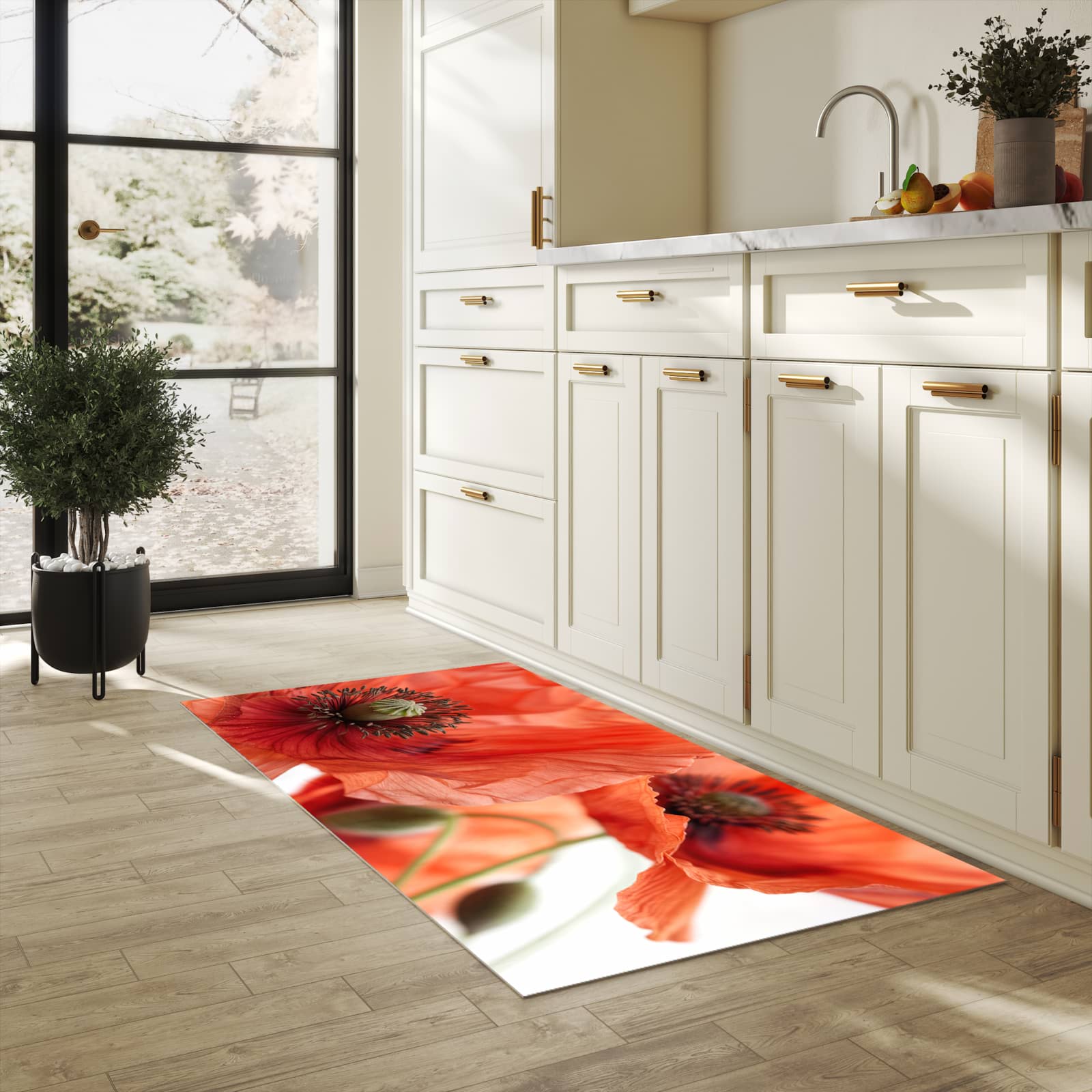 Rutschfester Teppich für Esstisch mit Motiv Mohnblüten in heller Küche