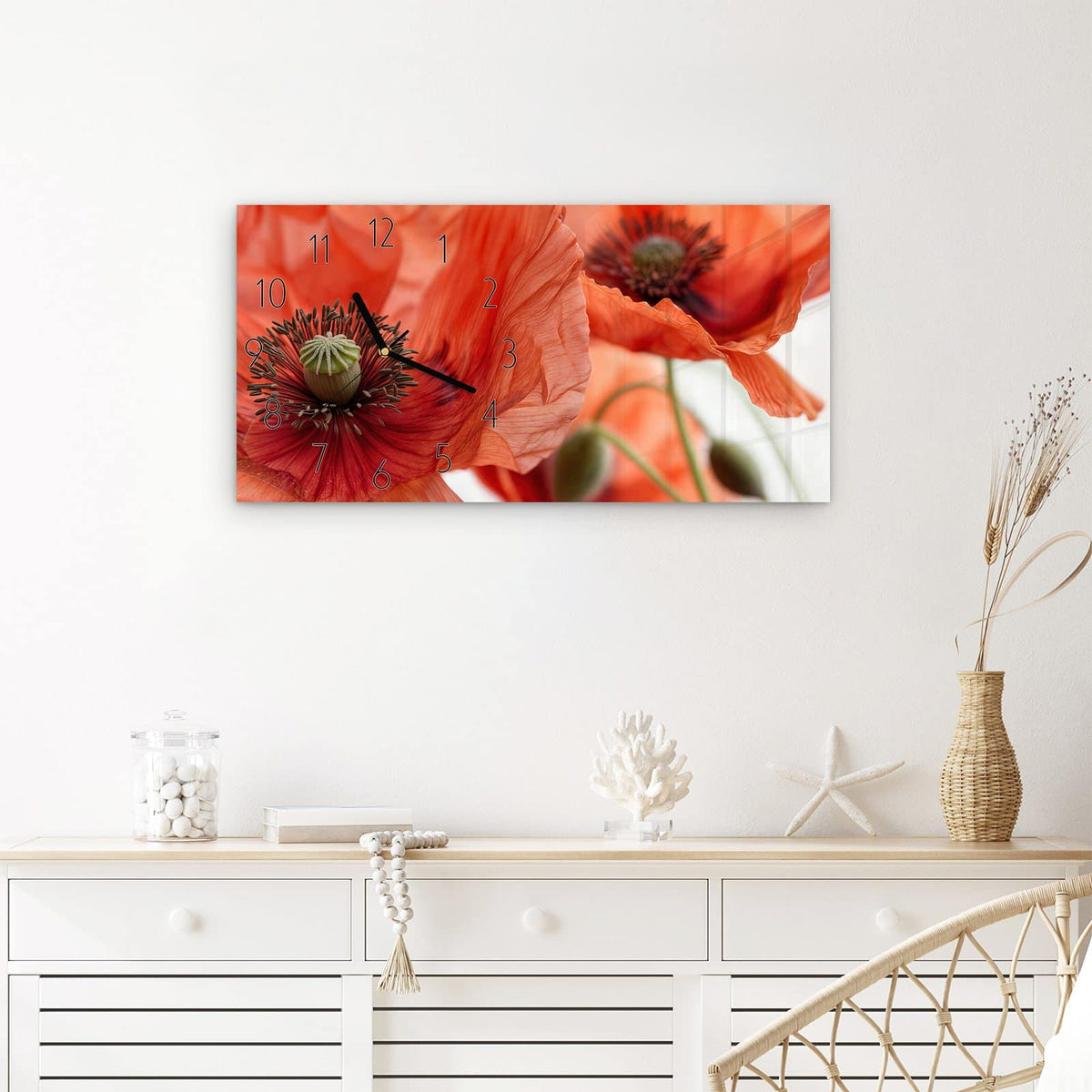 Wanduhr Mohnblüten aus Glas – Querformat 60 × 30 cm – Leuchtend roter Mohn in Nahaufnahme