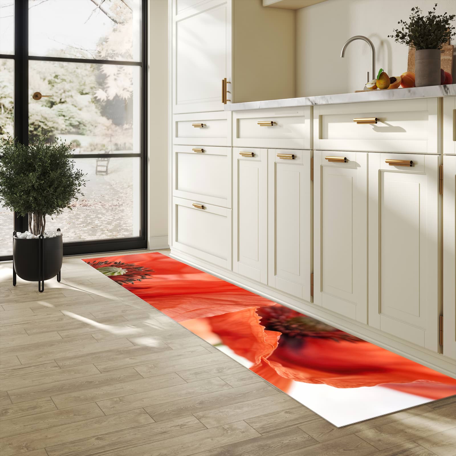 Schmutzabweisender Läufer mit Motiv Mohnblüten für Eingangsbereich in heller Küche