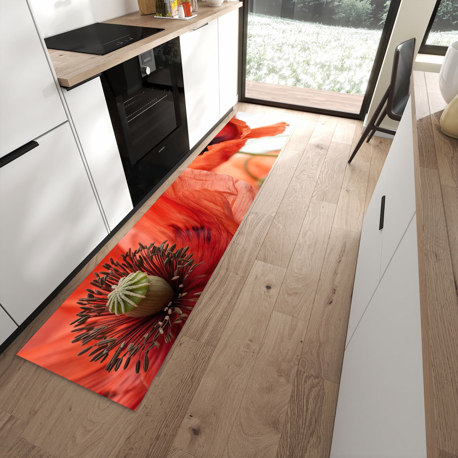 Küchenteppich mit Motiv Mohnblüten für angenehme Haptik in moderner Küche