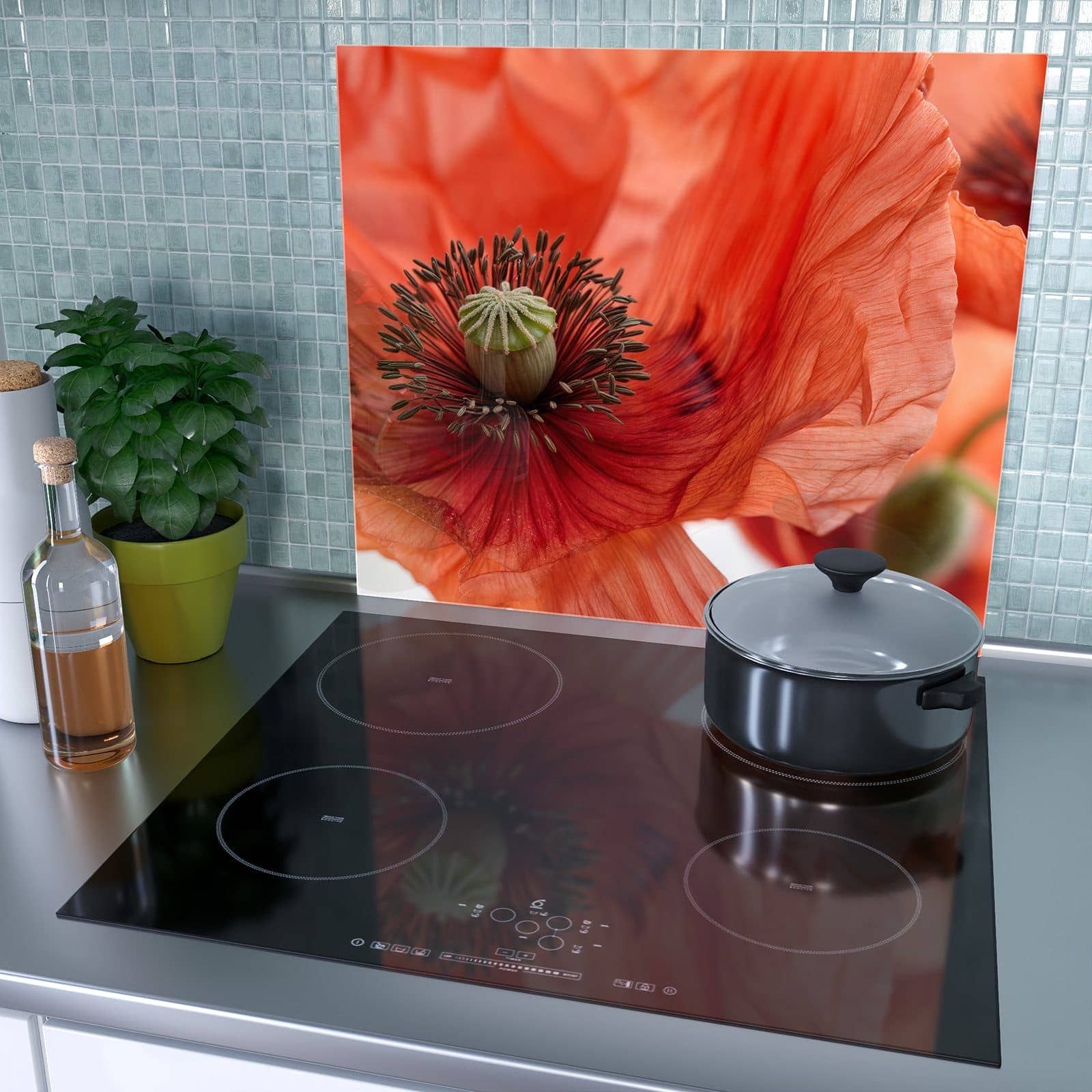 1-teilige Herdabdeckplatte mit Mohnblüten-Motiv als Spritzschutz hinter dem Kochfeld